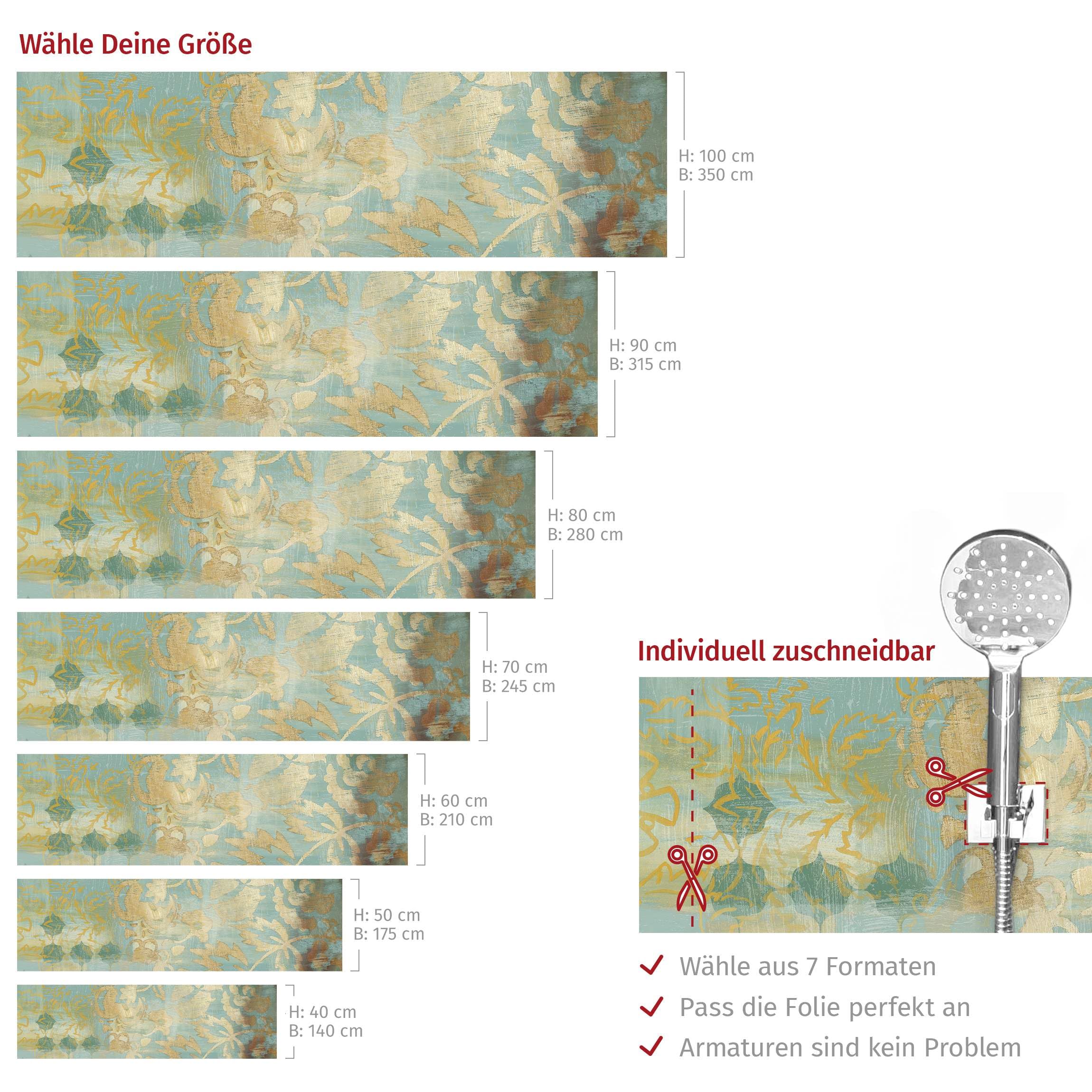 Wandverkleidung Bad selbstklebend wasserfest Muster fugenlos Wandpaneel - made in Germany - Ornament Hartfolie matt gold Badrückwand Vintage statt Fliesen 1093-P (175x50cm)