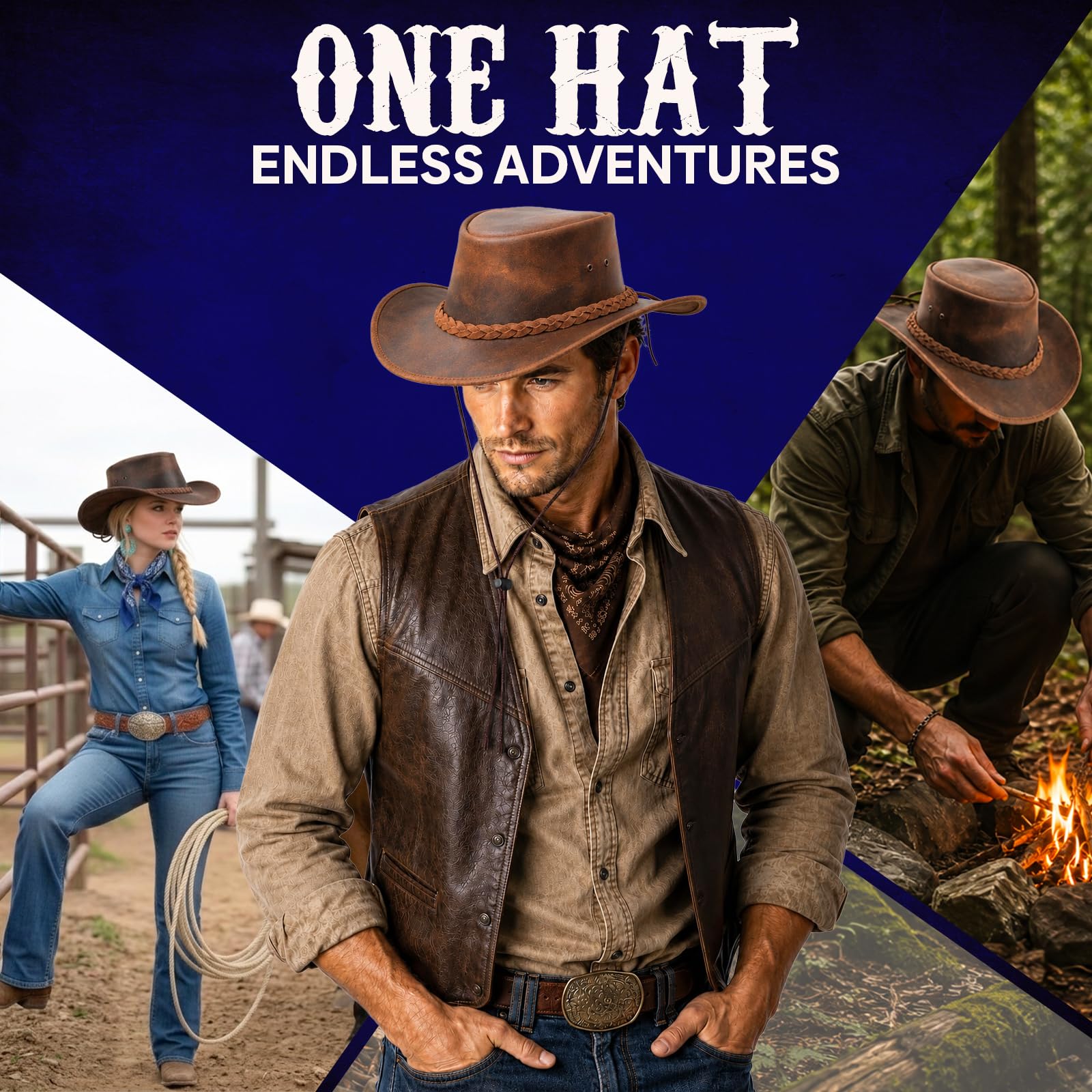 Equine Care Cappello da cowboy Outback in pelle pieno fiore, unisex, con fascia intrecciata e sottogola, stile vintage occidentale per uomini e donne, marrone