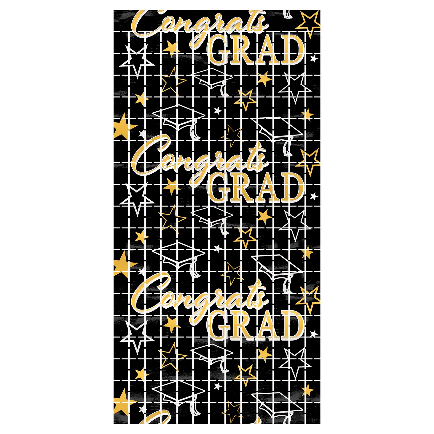 Beistle 56029 Felicidades Grad - Cortina de plástico metálico con Flecos Cuadrados para decoración de Fiesta de graduación, Negro/Dorado/Plateado