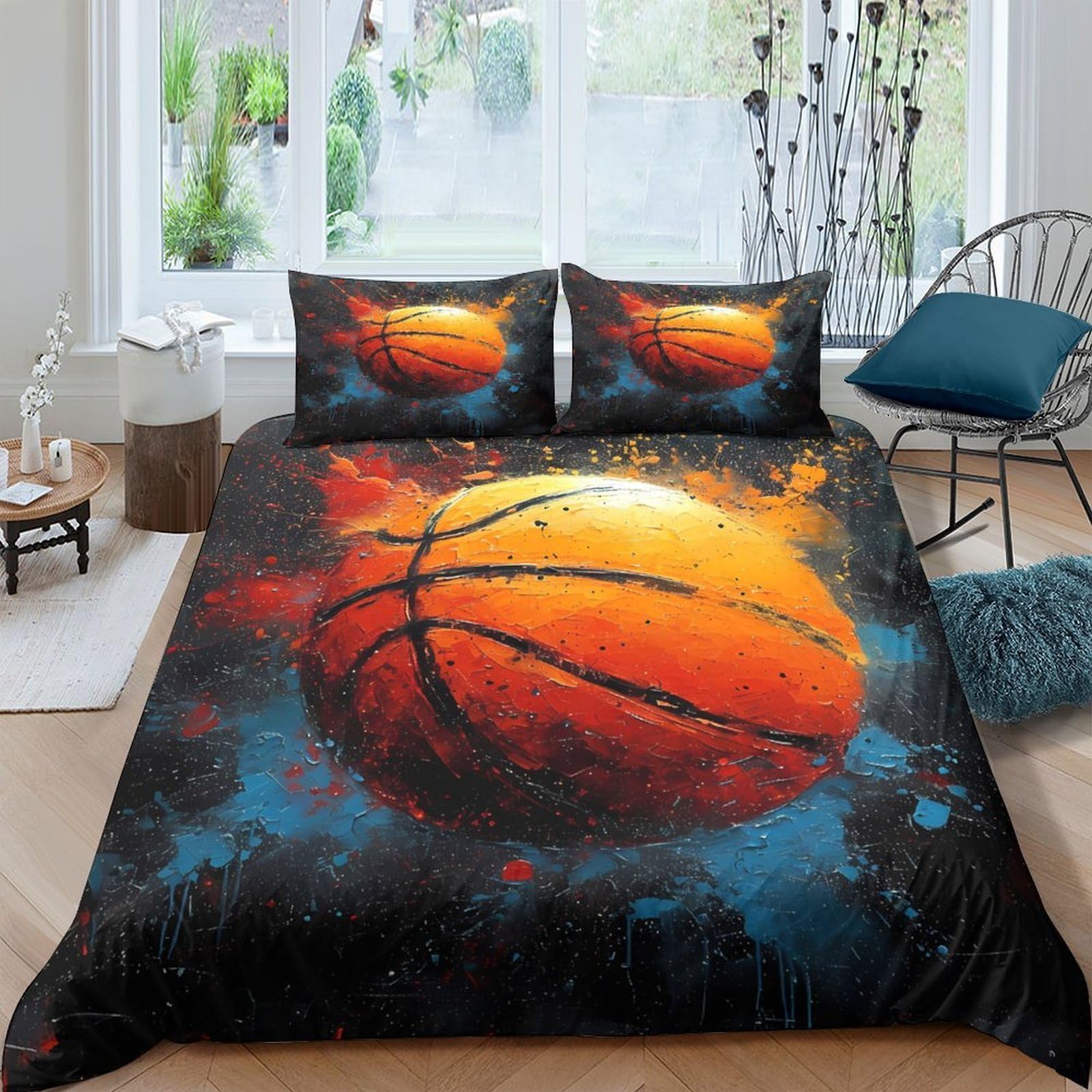 GPLZQXKJNH 3D Printed Basketball Fire Duvet Cover Set Microfiber Soft Breathable Bedding Set with 2 Pillowcases for Bedroom Decor Single（135x200cm）