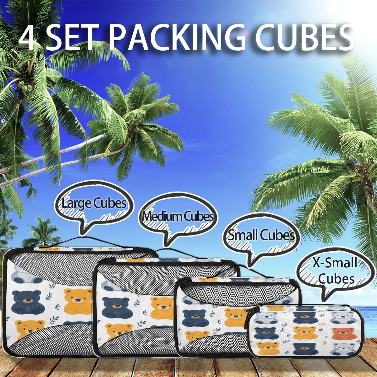 Cartoon Bear Pattern 4 Set Packing Cubes Packing Cubes for Women Lightweight Travel Essential Bag Clothes Carry on Suitcase Bags for Accessories Essentials