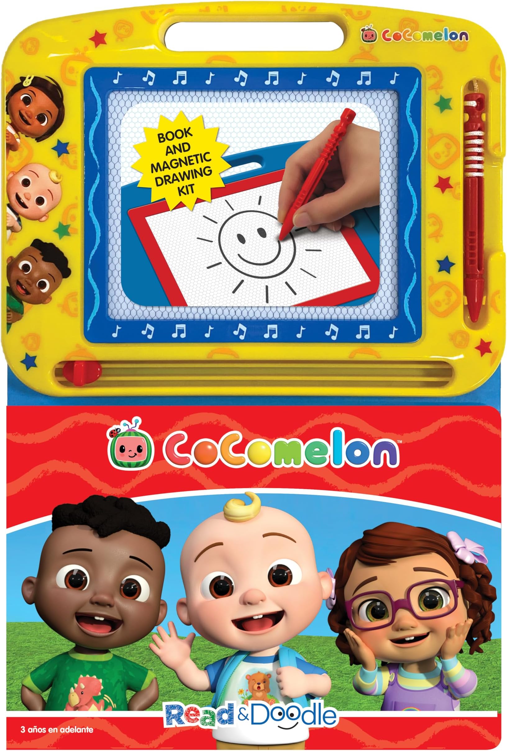 Cocomelon Read & Doodle - Learning resources for kids, a magnetic drawing pad, an easy-to-use pen, 22-page board book for reading and drawing