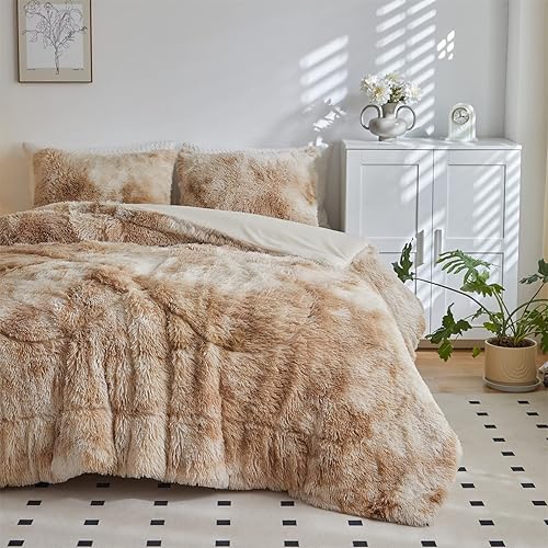 Miniatura 3 de Wajade Juego de edredón de felpa de pelo sintético con teñido anudado de camello juego de ropa de cama mullido y mullido  Juego de edredón de