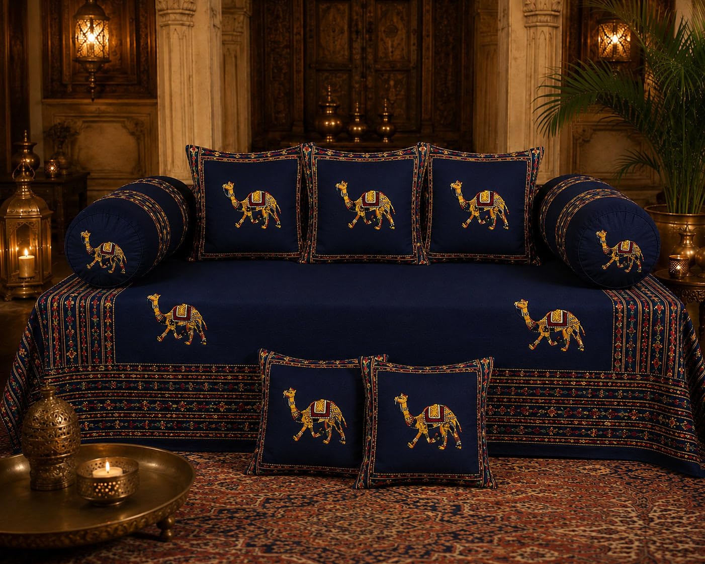 Premium Navy Blue Hand Embroidered Camel Design Cotton Diwan Set with 5 Cushion Covers & 2 Bolster Covers-image-35