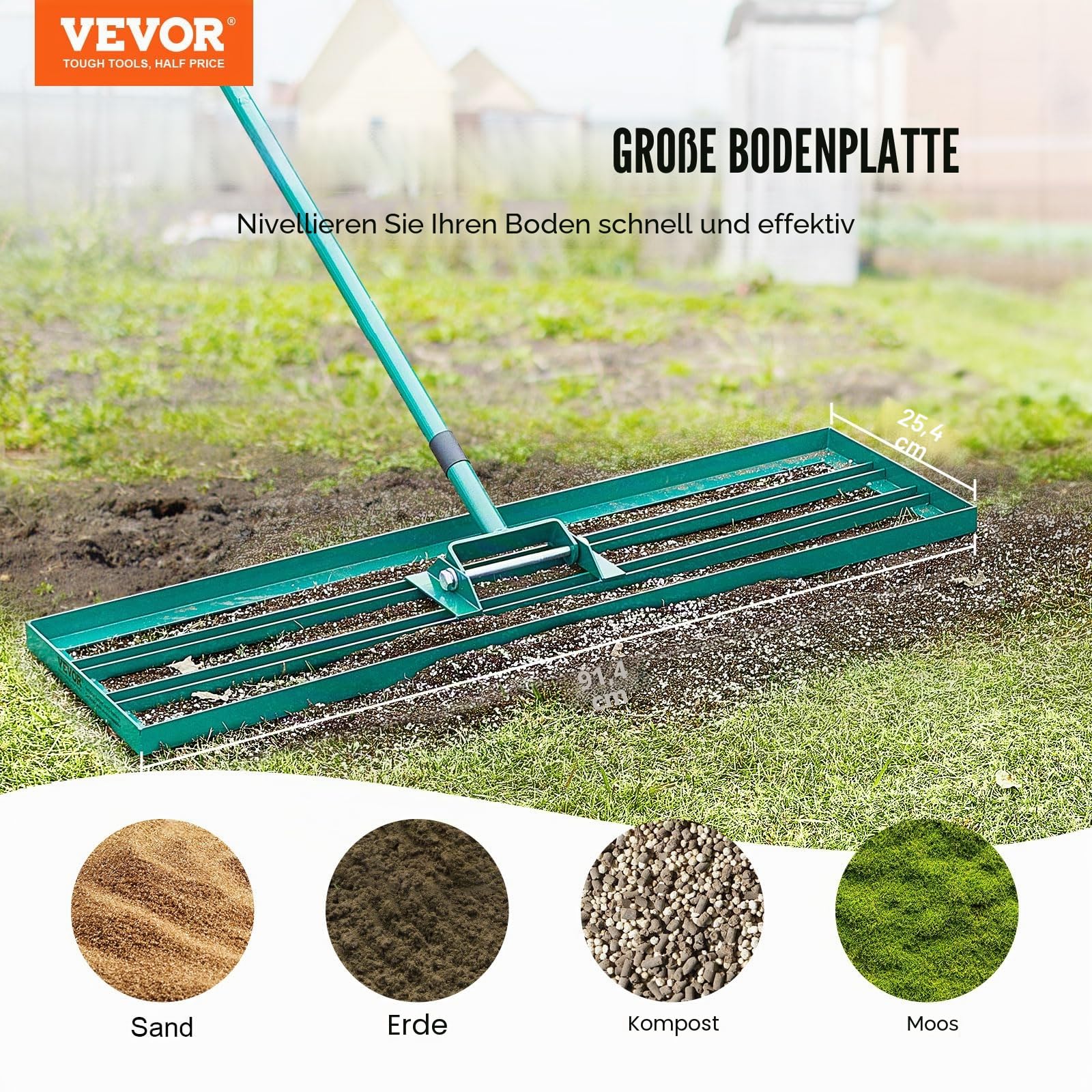 VEVOR Rasenrakel 914x254 mm Bodenplatte Levelawn-Werkzeug Aluminiumlegierung und Q235-Stahl Levelingrake 1981mm Stange Bodenplatte Golf Grass Levelawn zum Einebnen von Sand Erde Kompost und Moos