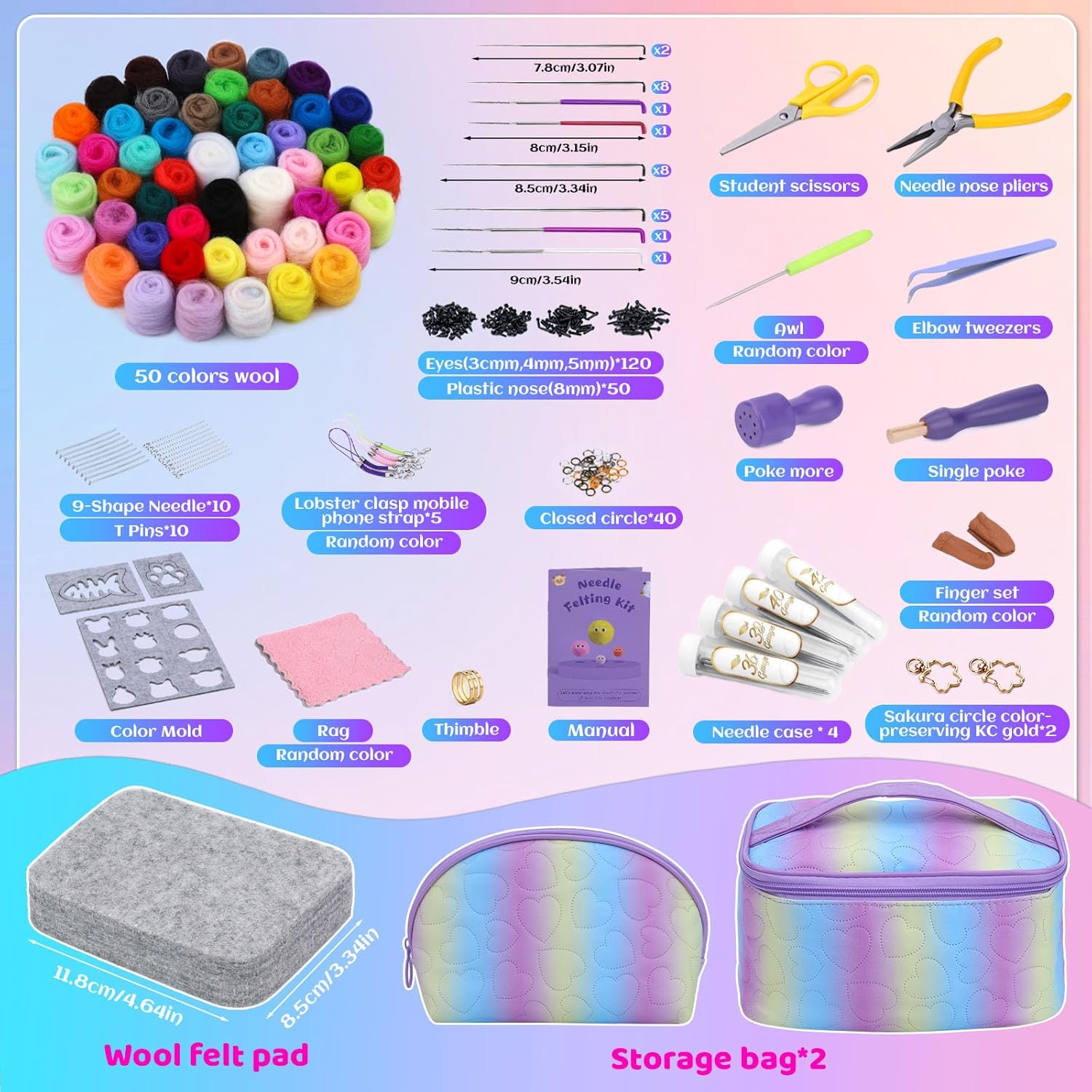 Mayboos Needle Felting Kit, 50 Colors Wool Roving Set with 2 Storage Bags, Needle Felting Starter Kit for Beginners with Needle Felting Tools Mat Needle Felting Supplies for DIY Crafts Home Decoration
