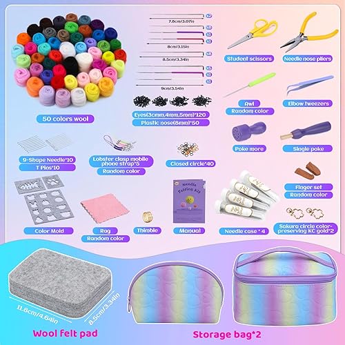 Miniatura 9 de Mayboos Kit de fieltro de aguja, juego de lana de 24 colores, kit de fieltro de aguja con herramienta de fieltro y tapete de espuma, suministros de