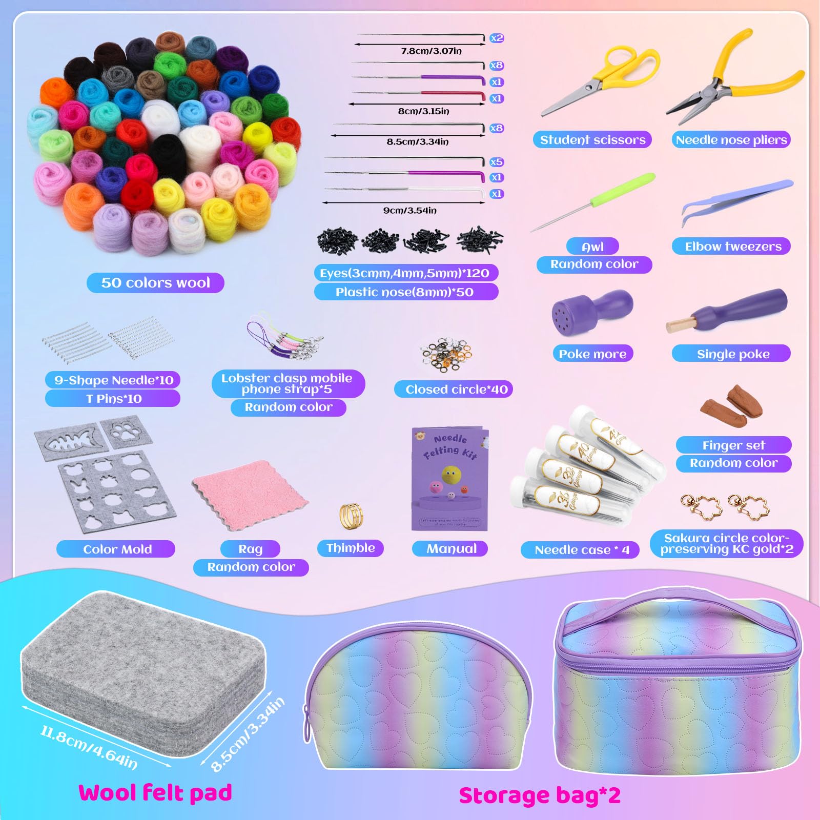 Mayboos Nadelfilz-Set, 50 Farben, Wollgarn-Set, Nadelfilz-Starter-Set für Anfänger mit Wollfilz-Werkzeugmatte, Nadelfilzzubehör für Heimwerker, Handwerk, Heimdekoration, Geschenk