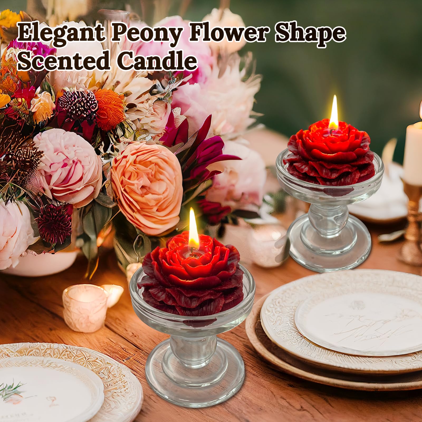 Burgundy Peony Flower Shape Candles for Women Friends Colleague Classmates Gift, 3 Inch Pastel Aesthetic Scented Candle