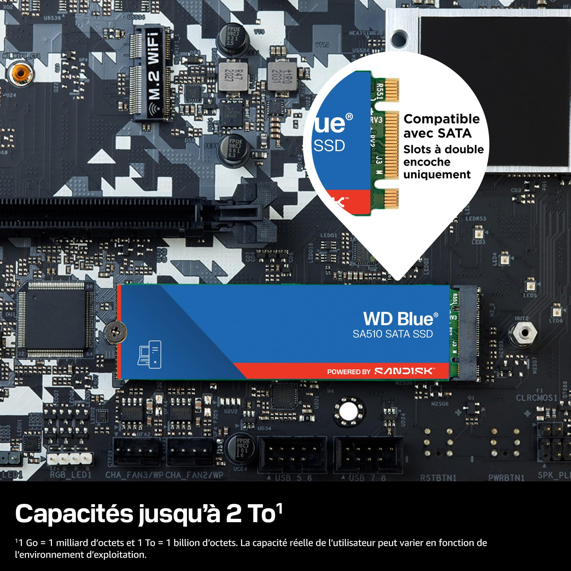 WD Blue SA510 250 Go, SATA SSD, jusqu'à 555 Mo/s, Comprend Acronis True Image for Western Digital, Clonage de dique et migration, sauvegarde souple et récupération, protection anti-rançongiciels
