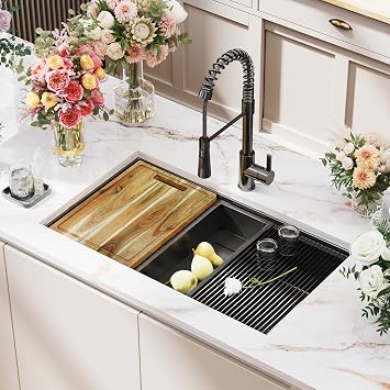NANO PVD Gunmetal Black Undermount Kitchen Sink 16 Gauge Stainless Steel Single Bowl Workstation Sink with Accessories PVD Gunmetal w/Faucet, 32x19 Inch