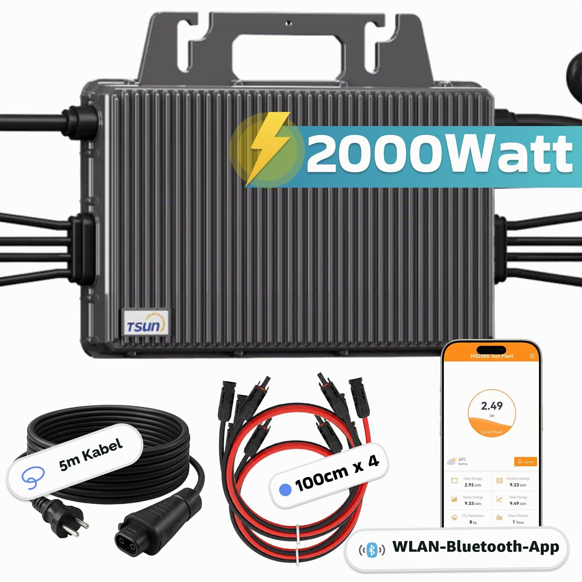TSUN Mikro-Wechselrichter 2000W TSOL-MS2000 für Balkonkraftwerk, IP67 wetterfest, 4 MPPT, Bluetooth & WiFi, inkl. 5m Anschlusskabel & 4X 1 m Solar-Verlängerungen, Micro Inverter