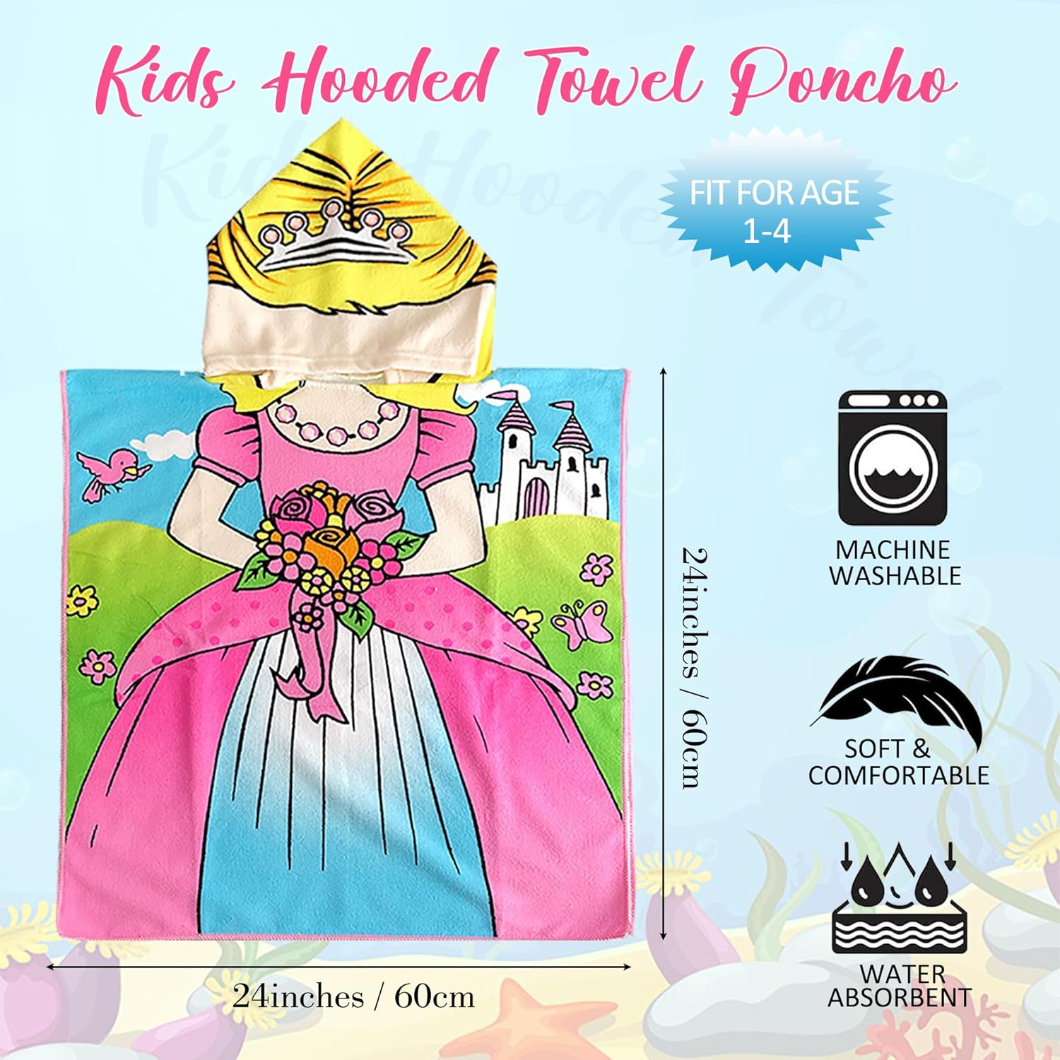 Flower Princess Beach Towel for Ages 2-4, Cute Castle Kids Hooded Bath Towel, 47.2" x 23.6" Super Absorbent Toddler Beach Cover Up - Image 3