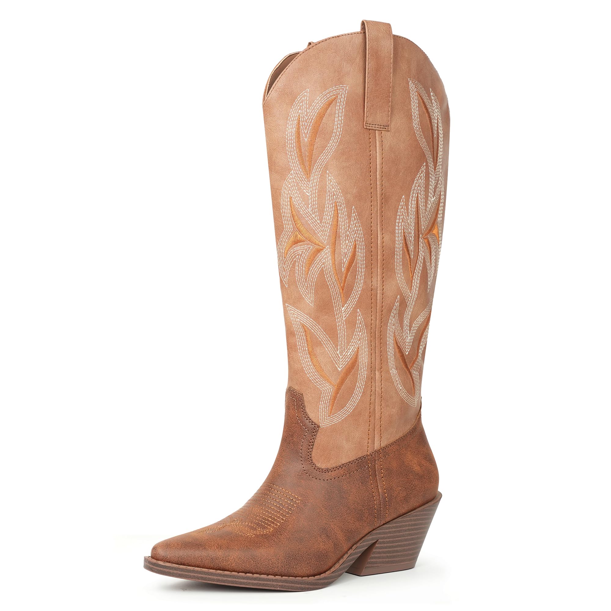 Hawkwell Bottes de Cowboy pour Femme Hautes – Santiags à Talon Bloc avec Broderies – Bottes Western en Simili Cuir avec Fermeture Éclair, Style Rétro Country