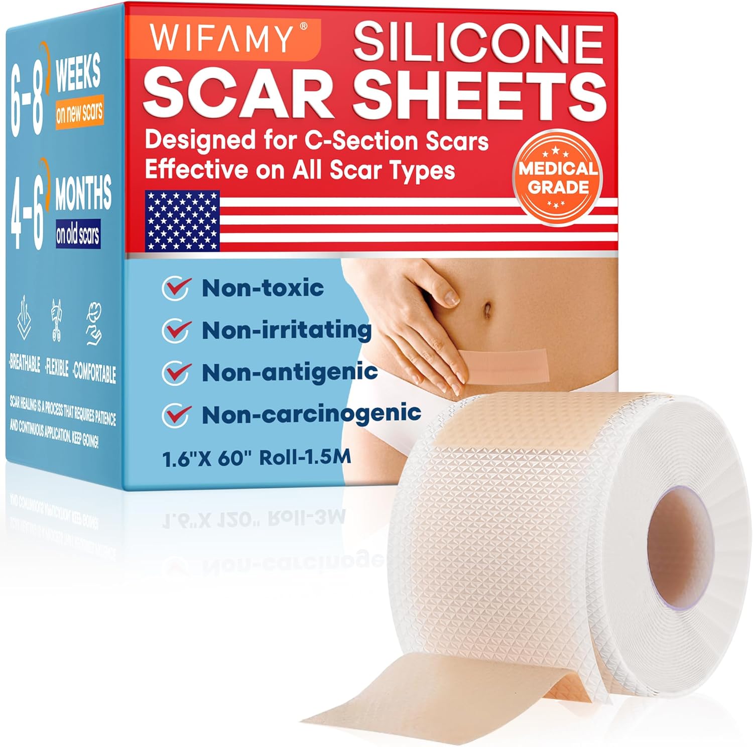 Wifamy Silicone Scar Sheets for Women: Medical Grade Scar Removal C-Section Recovery & Post-Surgery Care (1.6″X 60″ Roll-1.5M) Wifamy Silicone Scar Sheets for Women: Medical Grade Scar Removal C-Section Recovery & Post-Surgery Care (1.6″X 60″ Roll-1.5M)