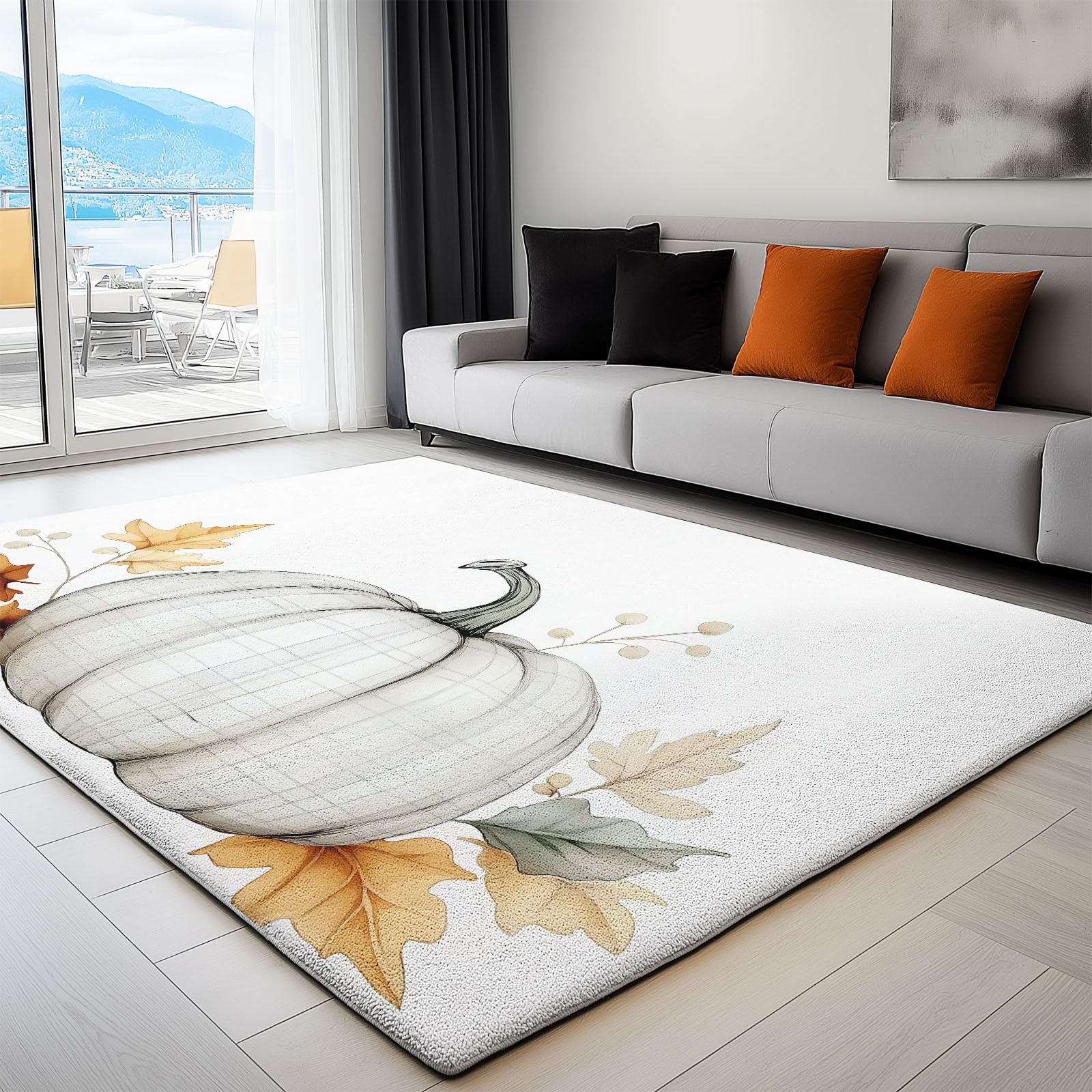 Tapis salon lavable citrouille aquarelle blanc déco douce