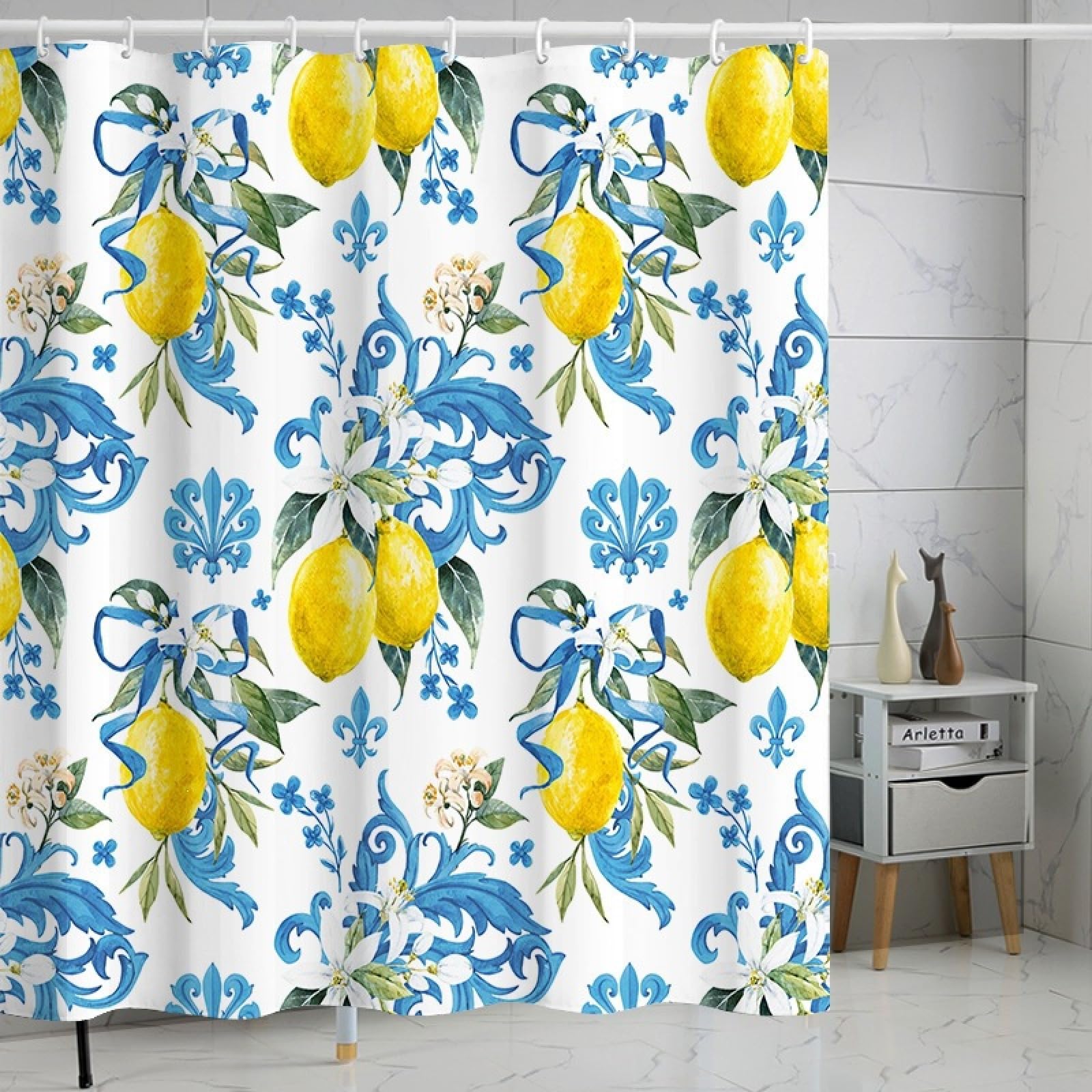 Shower Curtains Blue Lemon Blossoms Wet Room Shower Curtain Mould Proof Resistant Waterproof Polyster Fabric Washable with 12 Hooks Garden Bathroom Curtains (180x180cm)