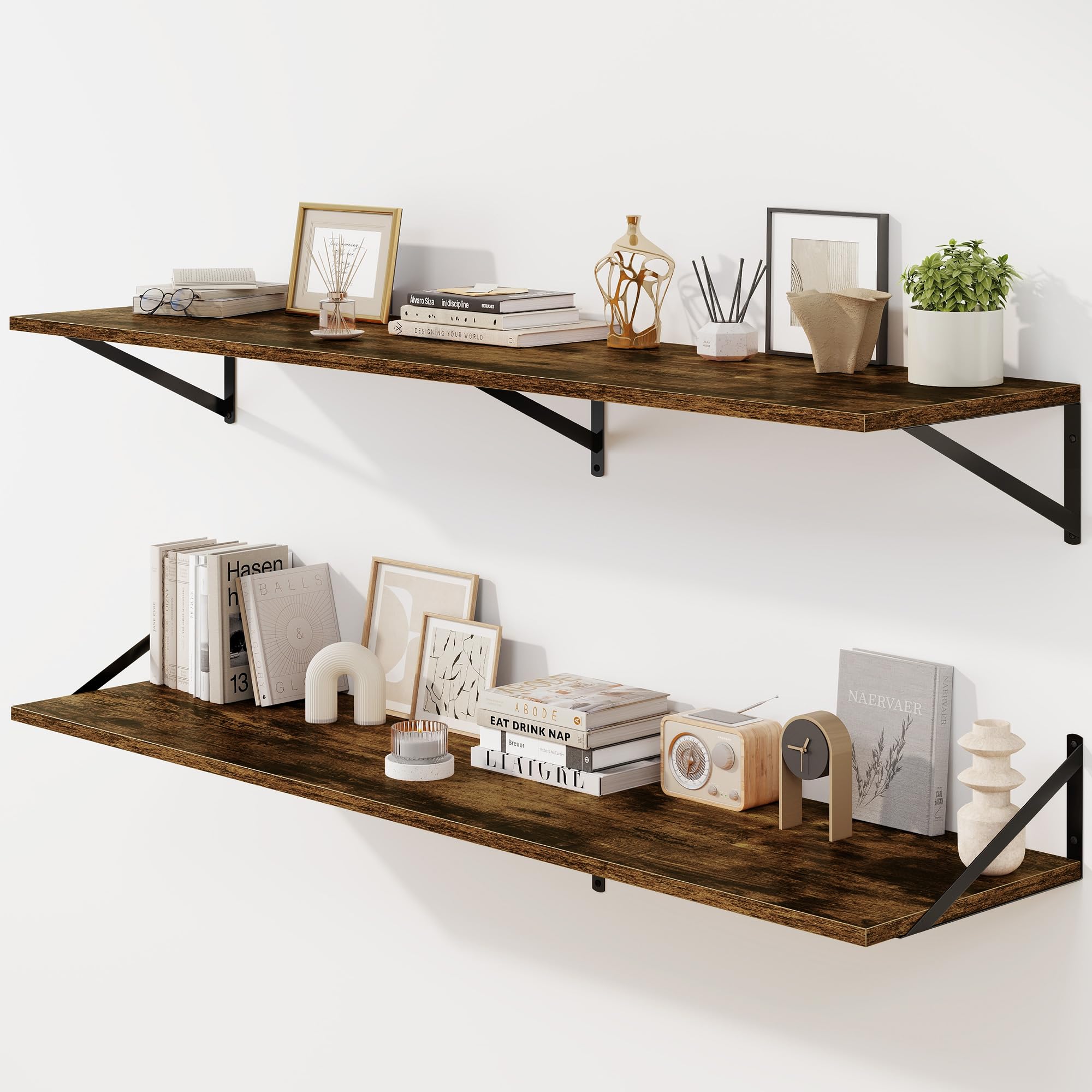 Fun Memories Floating Shelves for Wall, 12 Inch Deep Floating Shelves Set of 2, 55W x 12D Large Wall Shelf with Sturdy Metal Brackets for Living Room,