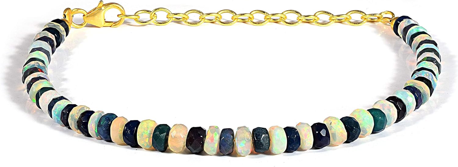 AAA Ethiopian Fire Opal Bracelet, Black & Gold-Plated Silver Beads – Handmade Women’s Welo Opal Jewelry