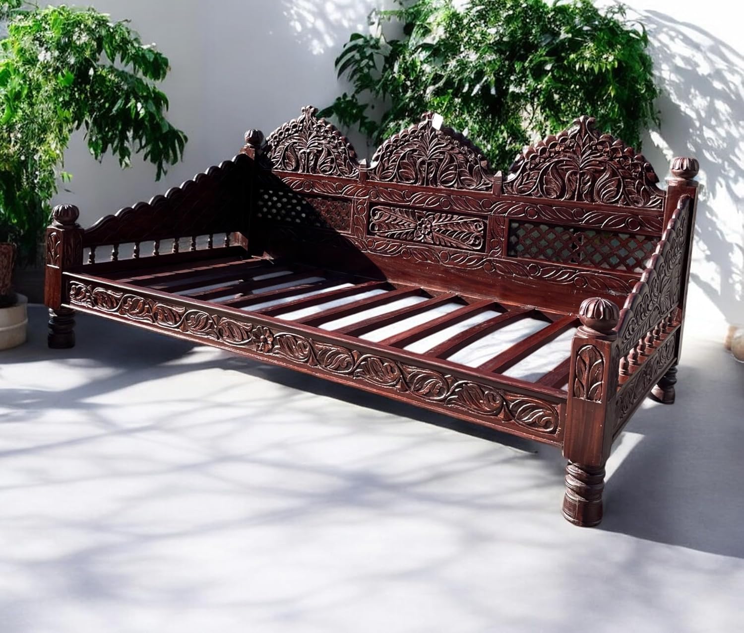 Carved Arch DayBed. Medium Antique Finish. Twin XL Size. Handmade from Solid Mahogany Wood. Designed, Produced and Imported Indian Inspired Day Bed Sofa.