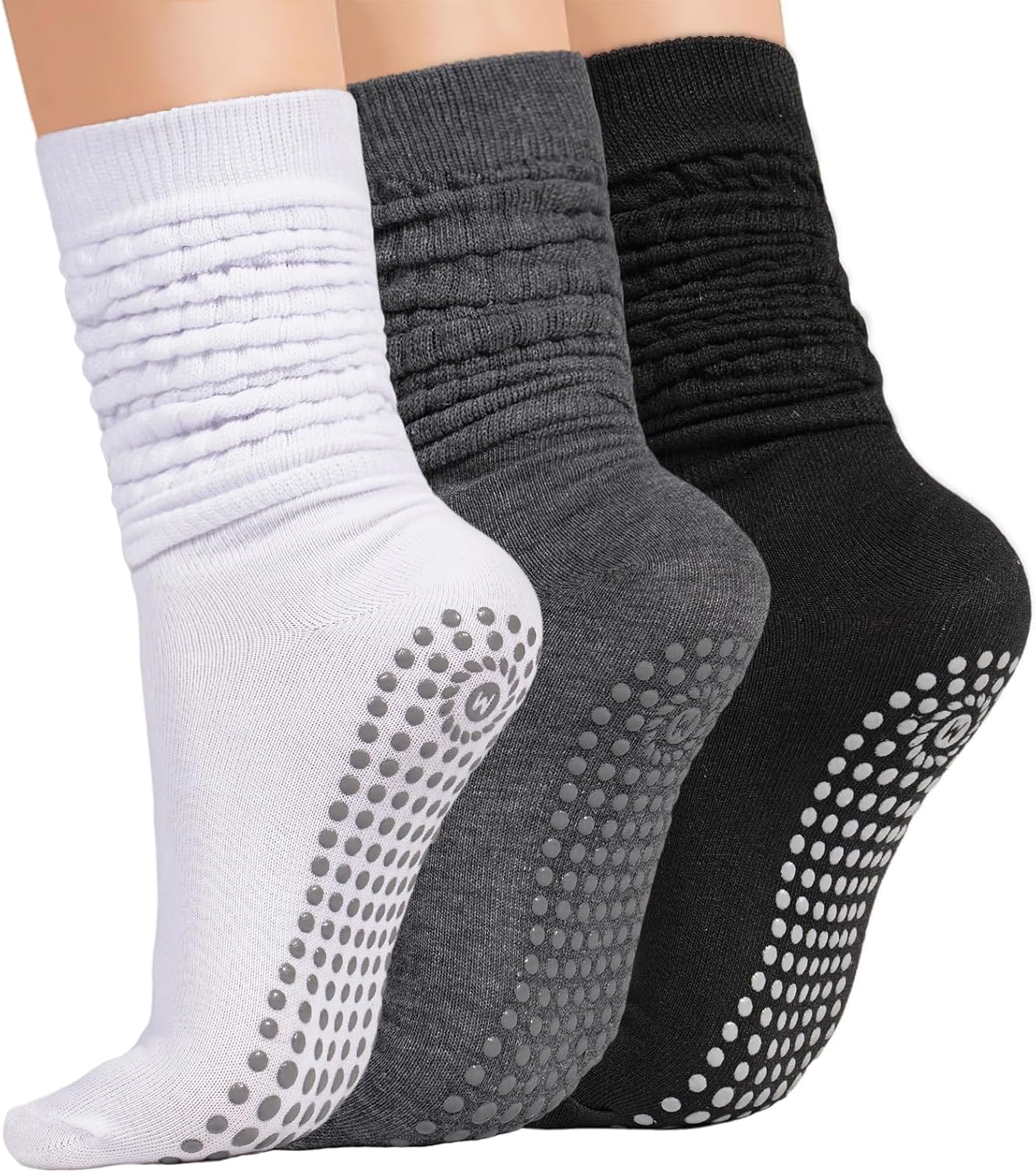 3 Pairs Grip Pilates Socks for Women Yoga Scrunch Socks with Grips for Barre Workout Hospital Long Slouch Sock