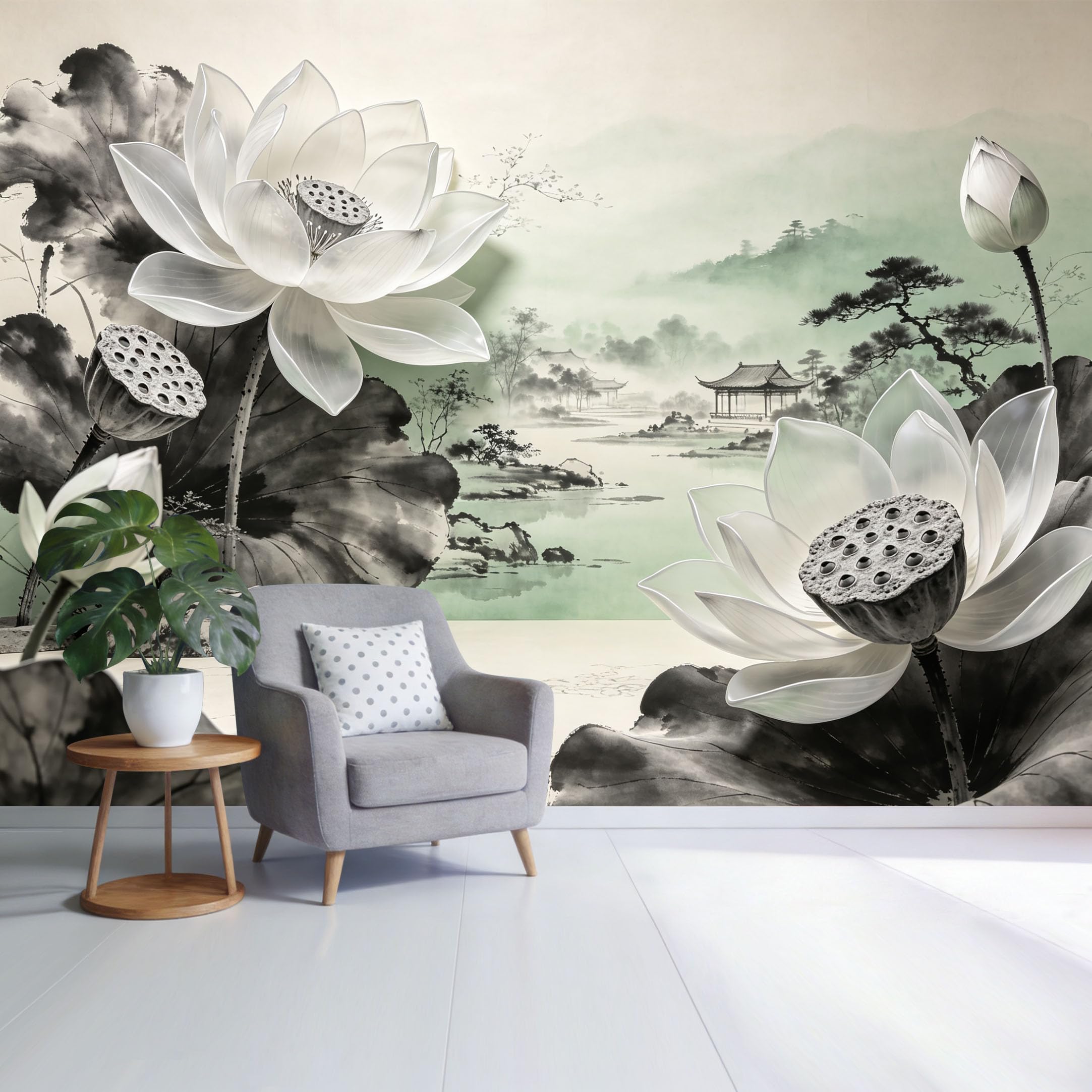 Custom Size Wall Mural Lotus Blossom Ink Landscape Misty Lake Chinese Style Watercolor Botanical SelfAdhesive Wall Fabric Removable Wallpaper for Home Office Decor