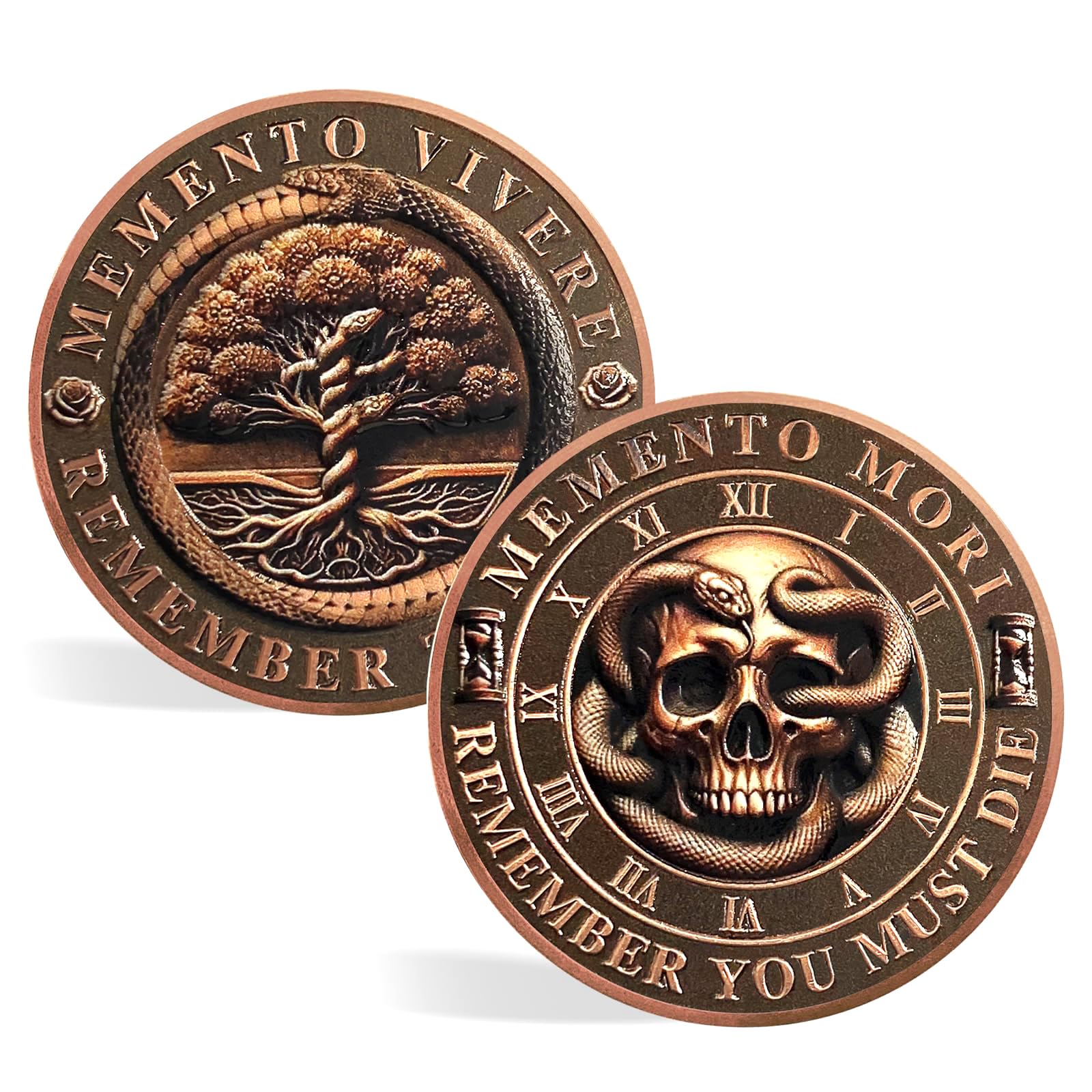 ACGZQY Skull Memento Mori Coin Tree of Life Memento Vivere Coin with Snake - Stoic EDC Challenge Coin for Daily Practice - Enjoy Today Motivational Reminder Token Stoicism Gifts