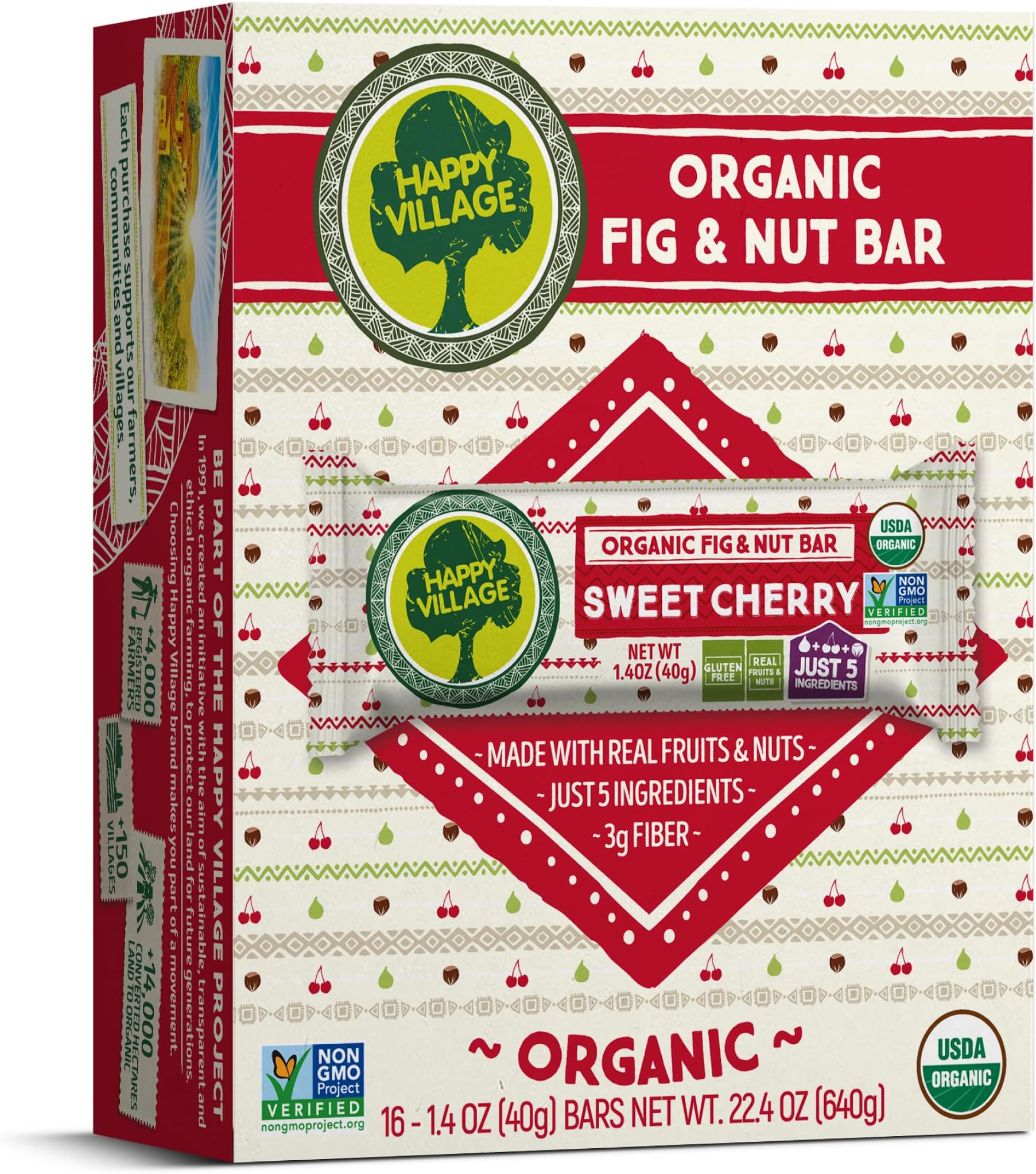 Happy Village Organic Fig & Nut Bar, SWEET CHERRY | Gluten Free, No Refined Sugar, Kosher, Non-GMO, Vegan, Good Source of Fiber | Organic Healthy Snack Bars (16 bars, 1.4 OZ each)