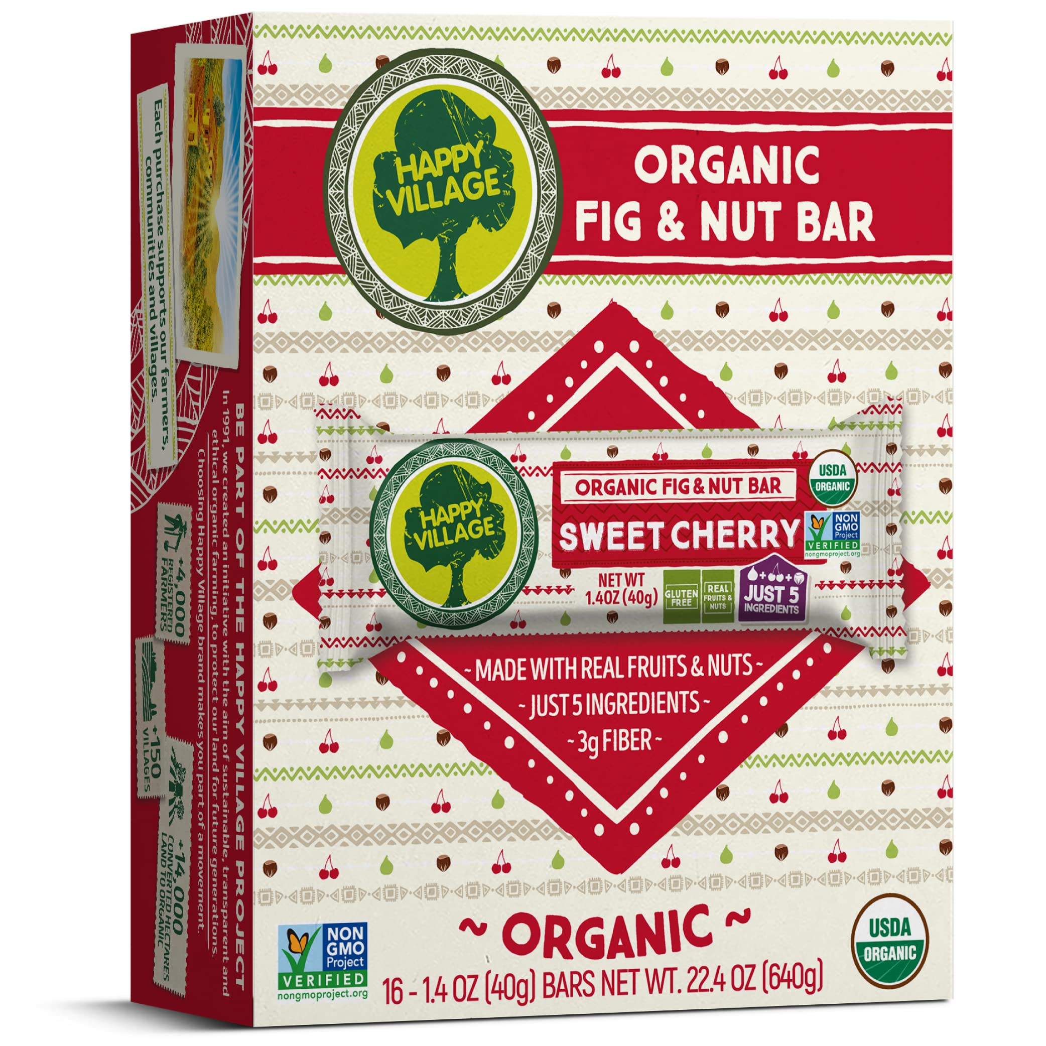 Happy Village Organic Fig & Nut Bar, SWEET CHERRY | Gluten Free, No Refined Sugar, Kosher, Non-GMO, Vegan, Good Source of Fiber | Organic Healthy Snack Bars (16 bars, 1.4 OZ each)