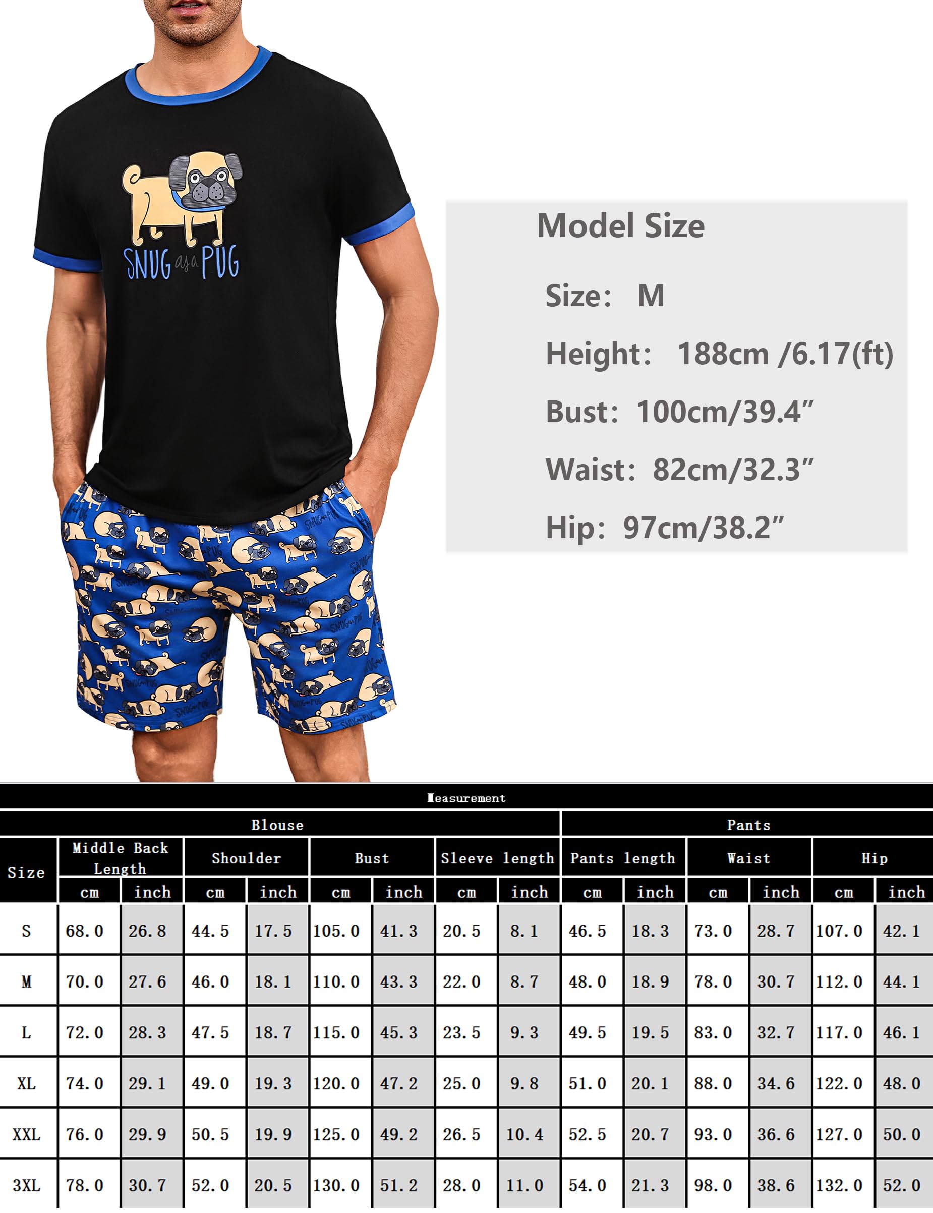 Pijama Hombre Algodón Divertido Ropa de Dormir Verano Mangas Cortas con Bolsillos