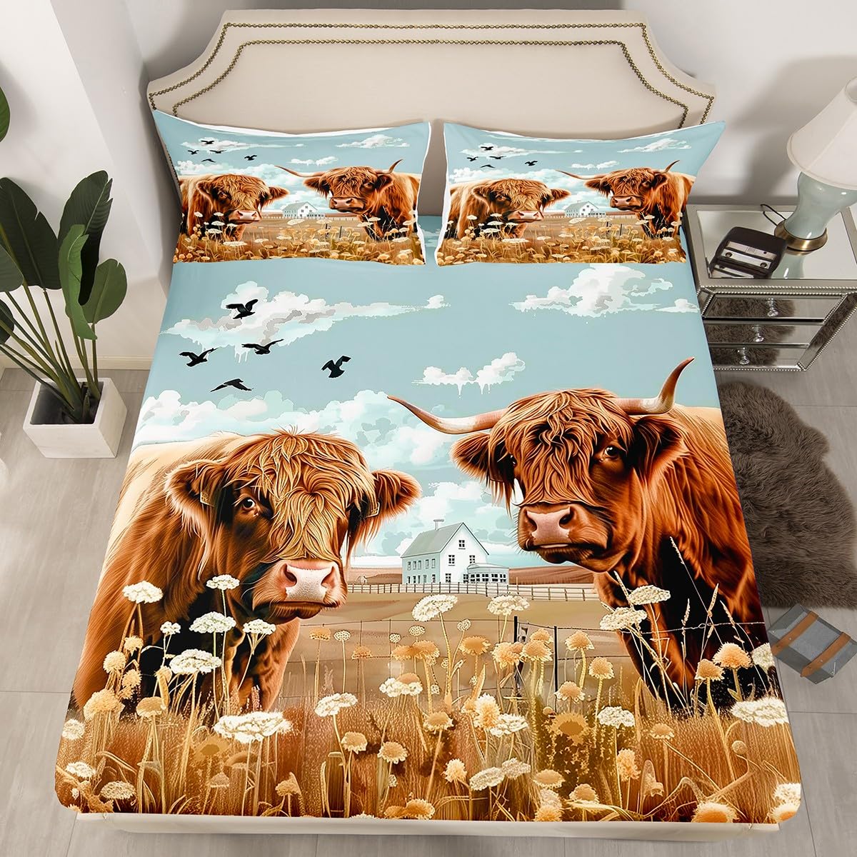 Highland Cattles Full Size Fitted Sheet,Rustic Farmhouse Animal Cow 3 Pieces Kids Teenager Room Decor Western Barn Cabin Dadelion Wheat Pocket 2 Pillowcases