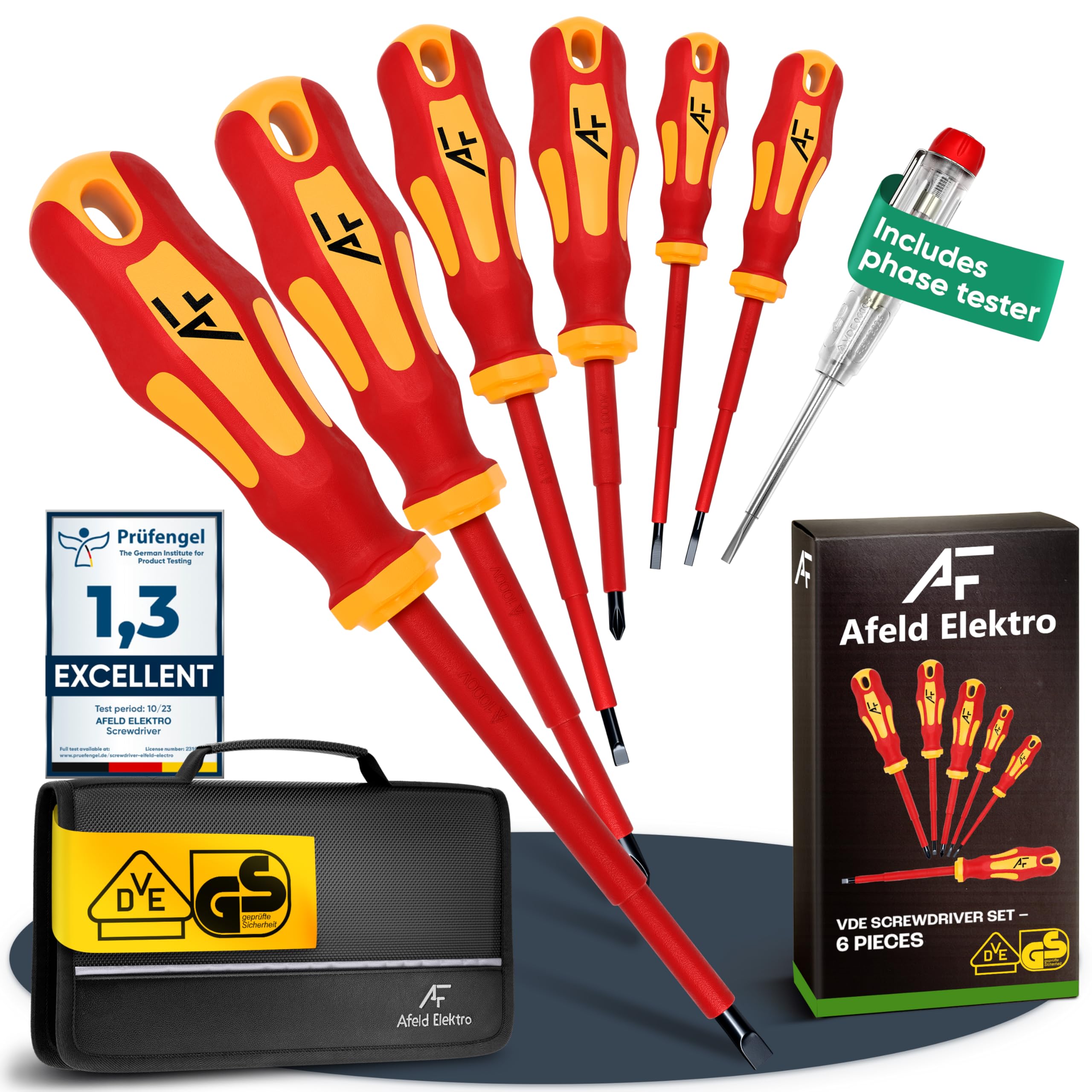 Afeld Elektro VDE Screwdriver Set Magnetic - 6 Piece - S2 Industrial Grade Steel - Insulated to 1000V - 4 Slotted + 2 Phillips - Plus Phase Tester and Tool Bag