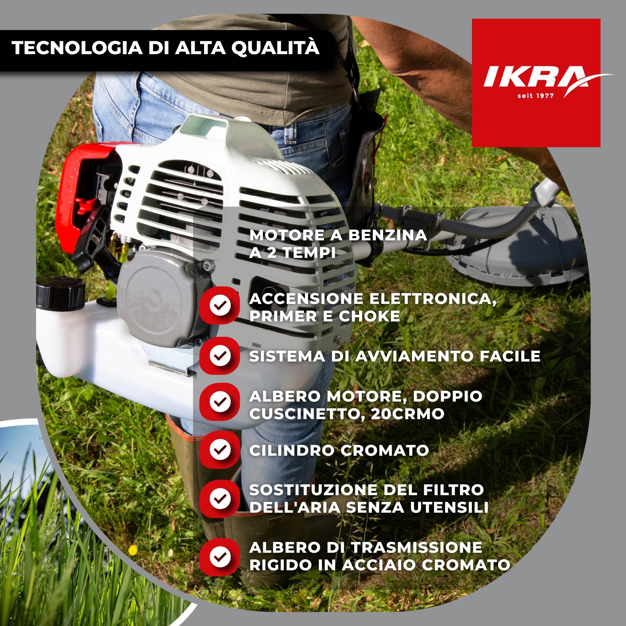 IKRA decespugliatore benzina IBF 4342 con accessori utili, 42,7cm³, 1,25kW | Incl. lama a 3 e a 8 denti, 2 bobine e tracolla, motore a 2 tempi, sistema di avviamento facile, impugnatura a manubrio
