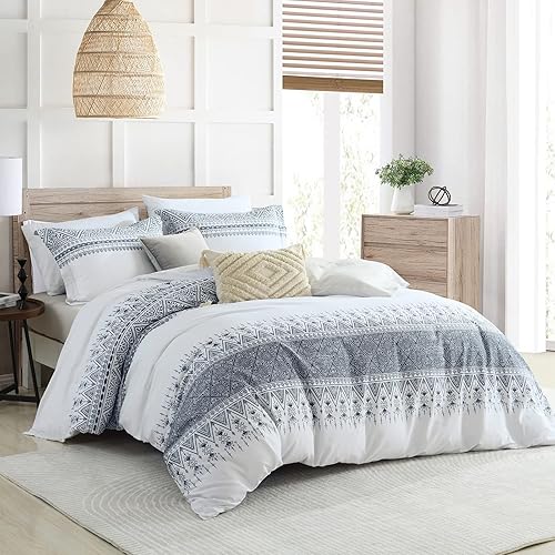 Miniatura 5 de Funda de edredón tamaño Queen de algodón  3 piezas reversible con patrón bohemio, funda de edredón Queen suave azul marino Queen con cierre de
