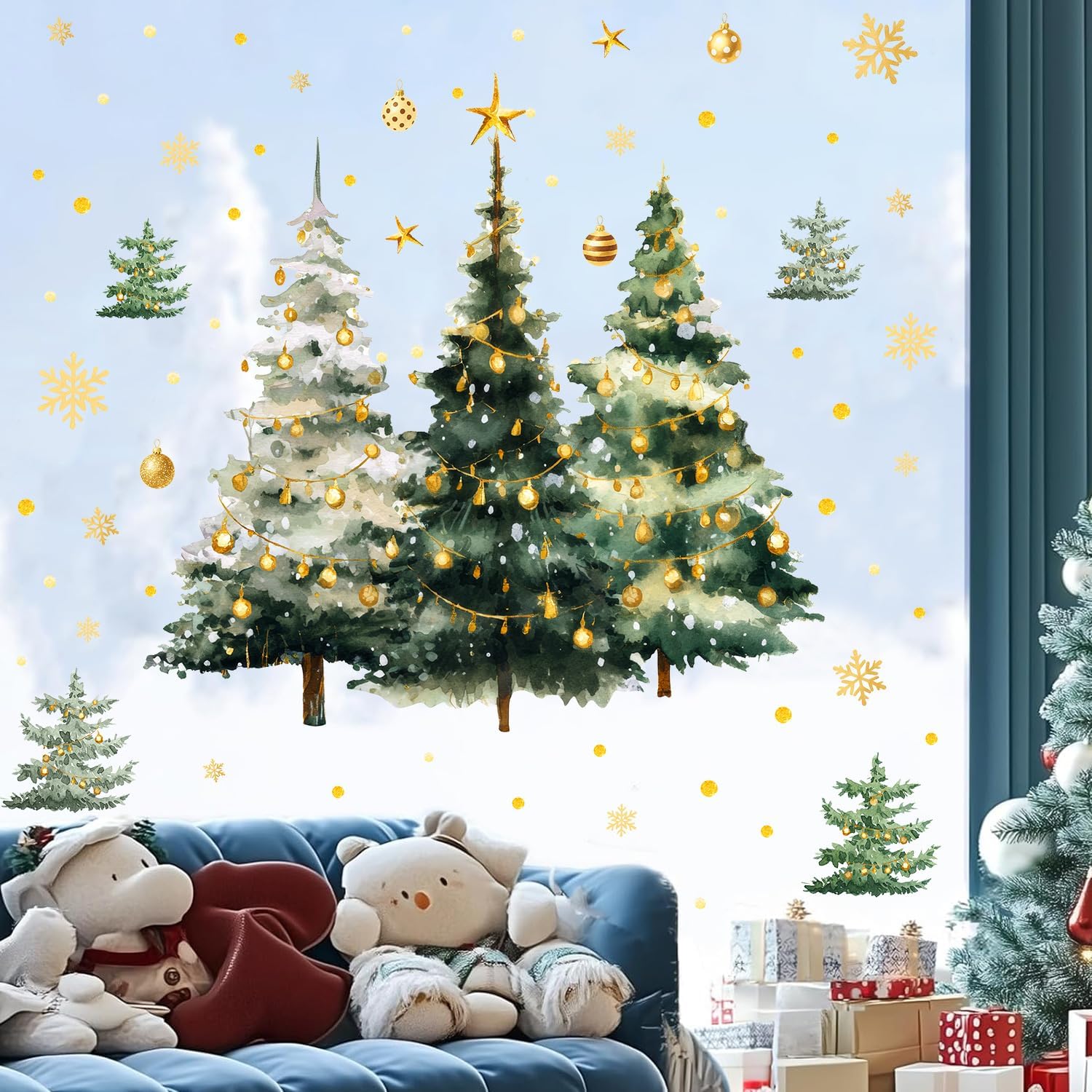 Large Christmas Tree Wall Decals, Watercolor Pine Tree Wall Stickers, Xmas Trees Lights Gaint Wall Decor for Holiday Party Bedroom Living Room Offices Home Decoration