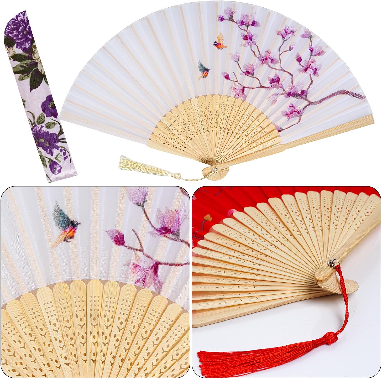 hoyuwak 2-Pack Silk Handheld Folding Fans with Bamboo Frames - Red & White Floral Patterns for Dancing, Cosplay, Weddings & Party Decor image 3