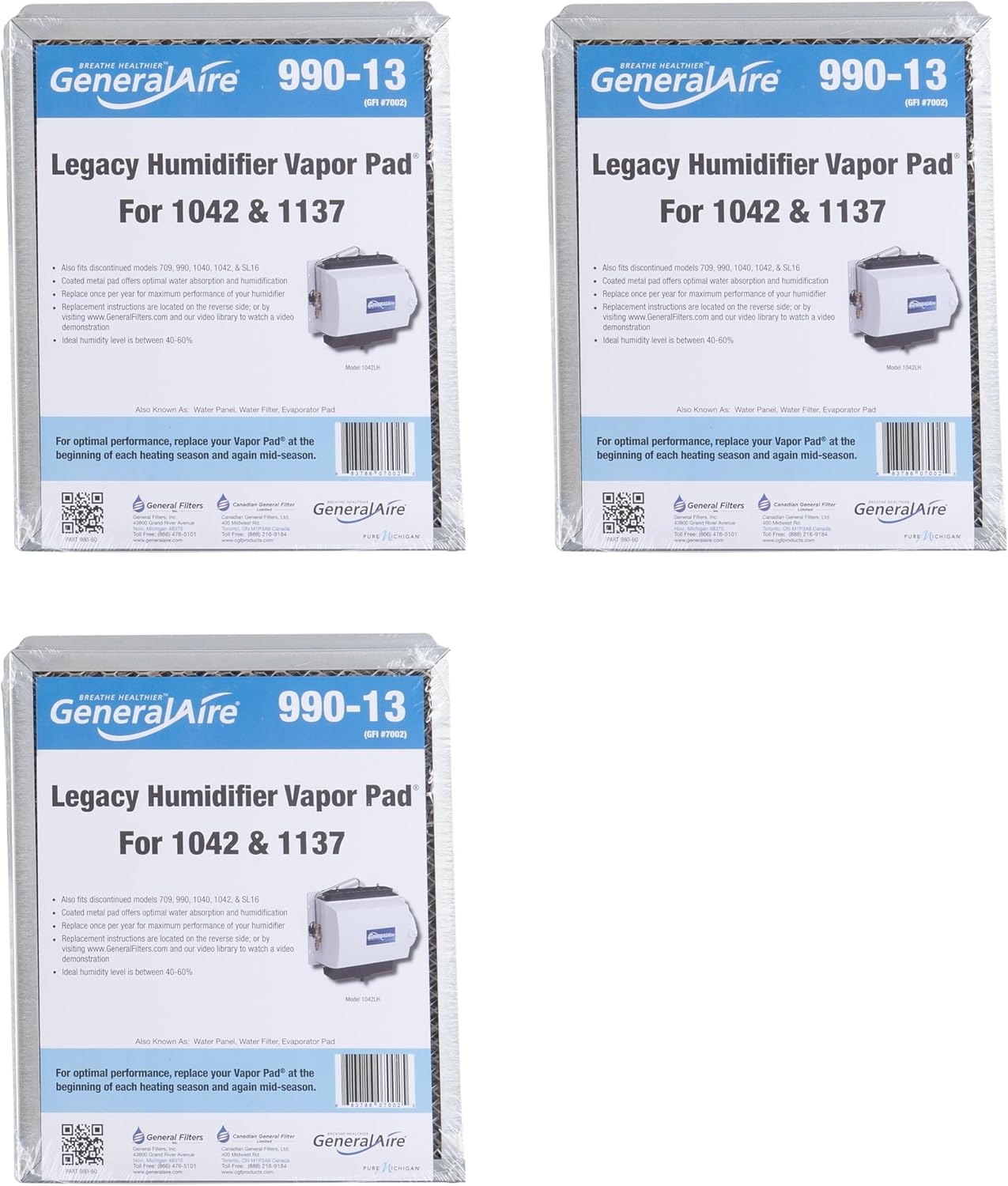 3-PK -GeneralAire 990-13 Humidifier Water Vapor Pad- GFI #7002 Compatible with GeneralAire 709, 990, 1040, 1137, 1042LH, and SL16 Humidifiers