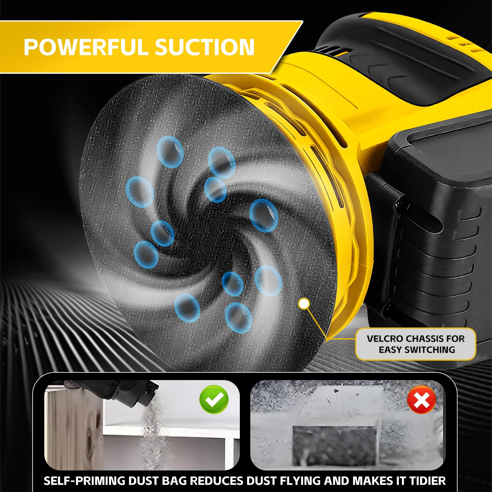 Roadtime Levigatrice orbitale per batteria DeWalt da 20 V (senza batteria), smerigliatrice da 125 mm, 20,000 giri/min, 3 velocità con contenitore di raccolta della polvere e 20 carta vetrata, per