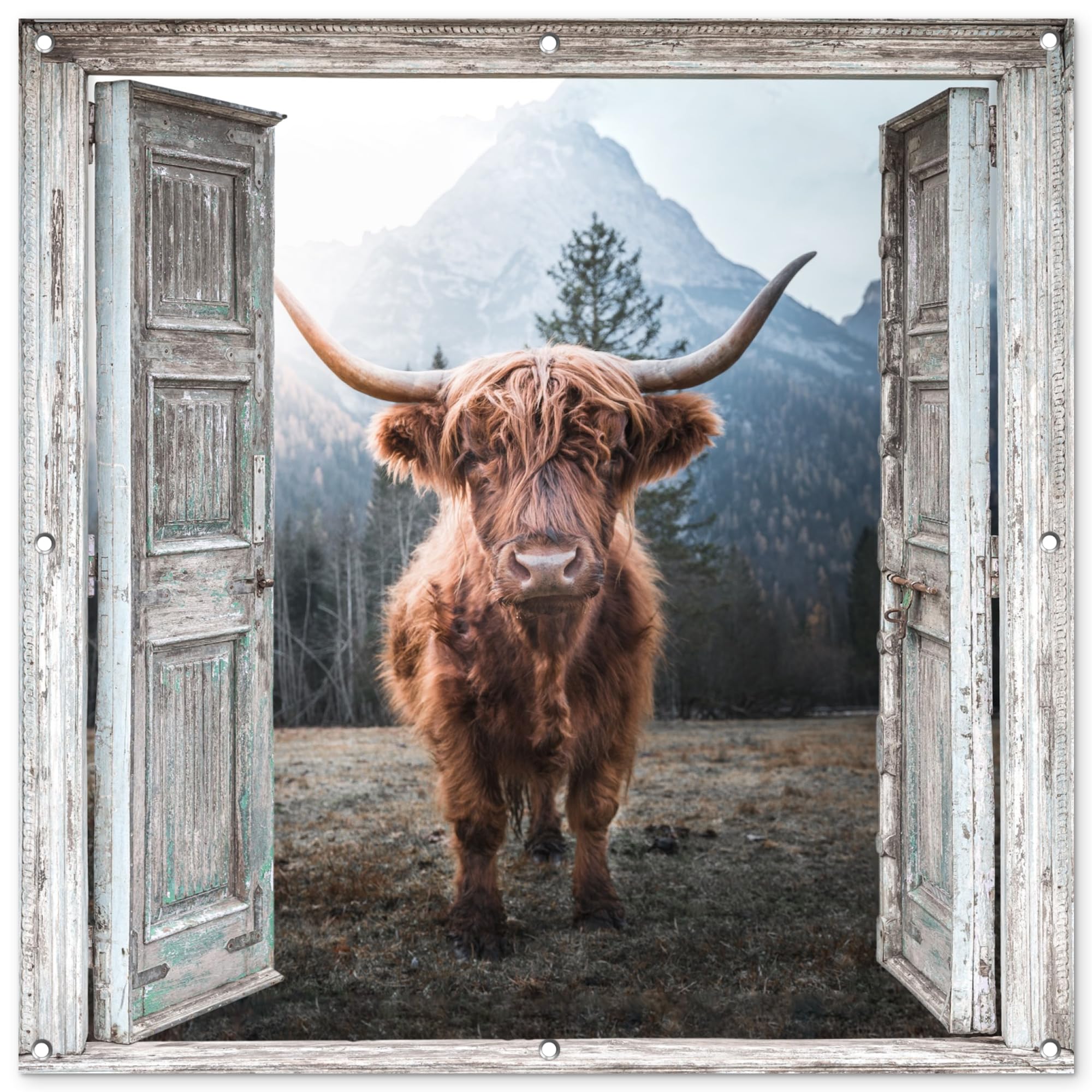 Gards Tuinposter Schotse Hooglander Koe in de Wei - 120x90 cm - Tuindoek