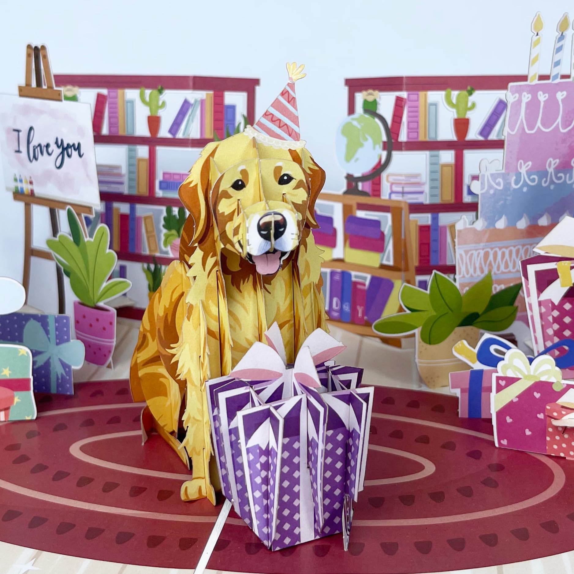 HALATADA Golden Retriever 3D Pop Up Birthday Card – Cute Dog Card with Envelope, Puppy Gift for Dog Lovers, Kids, Women – Funny Pet Lover Birthday Greeting Card