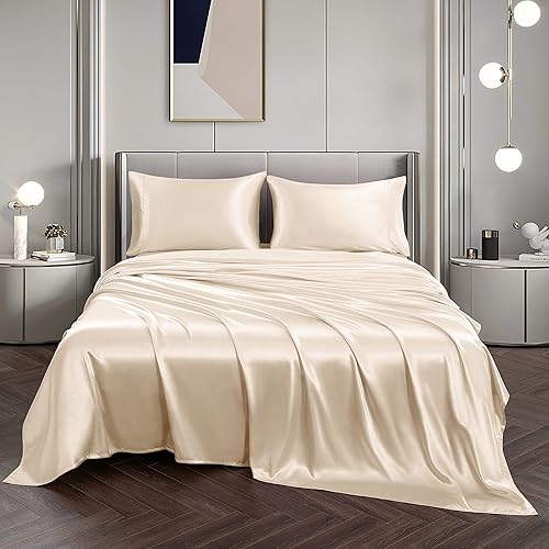 Safhome Juego de sábanas divididas de satén de seda para cama ajustable California King, juego de sábanas de 5 piezas, color marfil, bolsillo