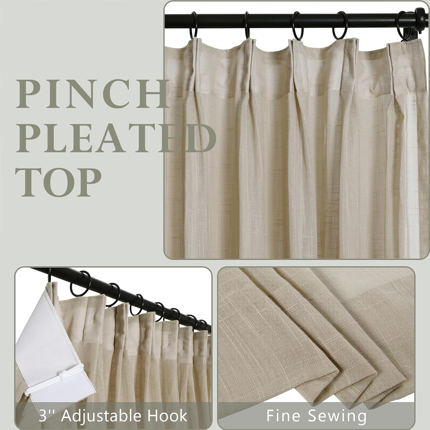 ChadMade Pinch Pleated Sheer Curtain 84 Inch Long 2 Panels Set, Lightweight Linen Textured Light Filtering Drape for Sliding Door Privacy Window Treatment, 72 W x 84 L, Light Brown