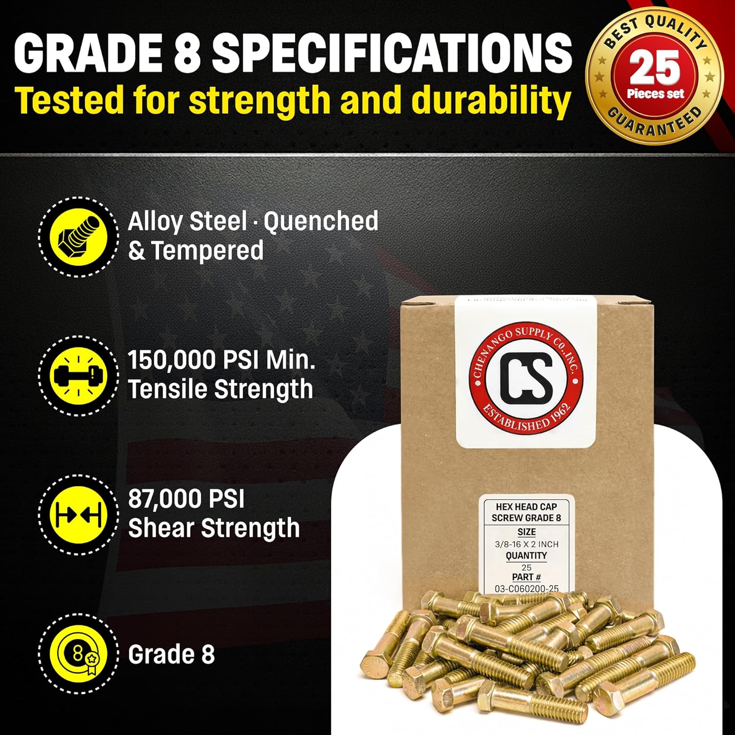 Chenango Supply 3/8-16 x 2 Grade 8 Hex Head Bolts – Alloy Steel, Yellow Chromate Zinc, High-Strength Hex Head Cap Screws, 25 Pieces (3/8-16x2 (25 pcs))
