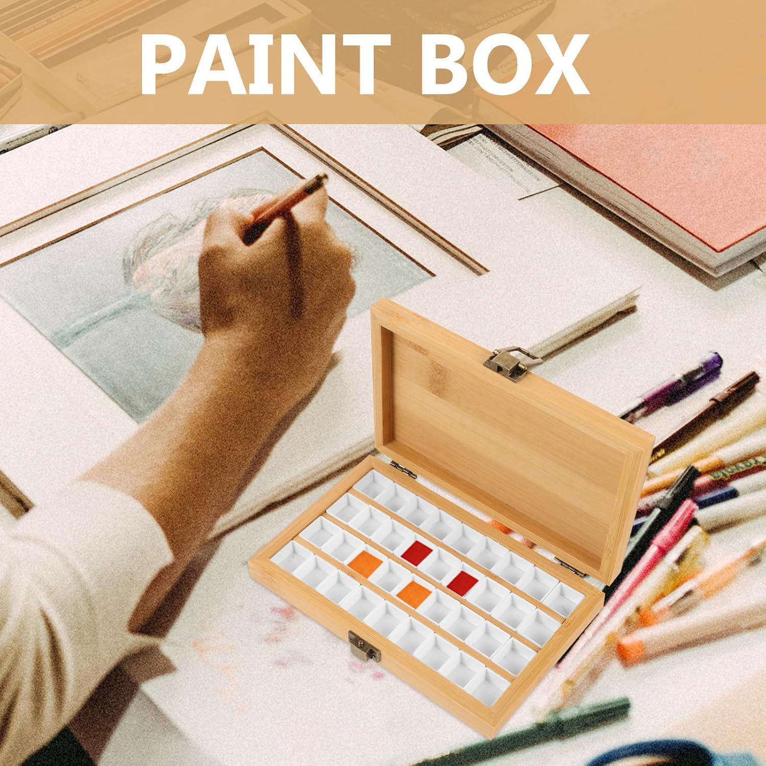 SKISUNO Portable Watercolor Pigment Box with 36 Compartments, Wooden and Plastic Mixing Palette Case with Lid, for Painting and Art Drawing Storage