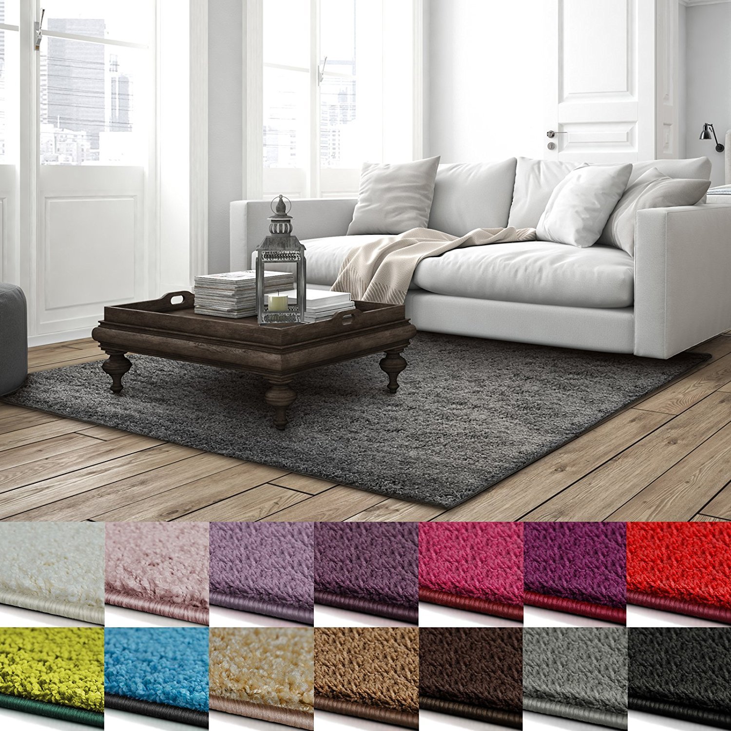 casa pura Tappeto Shaggy a Pelo Lungo in Polipropilene – Tappeto per Camera, Salone o Corridoio, Qualità Tedesca (Barcelona, Grigio, Quadrata 160x160cm)