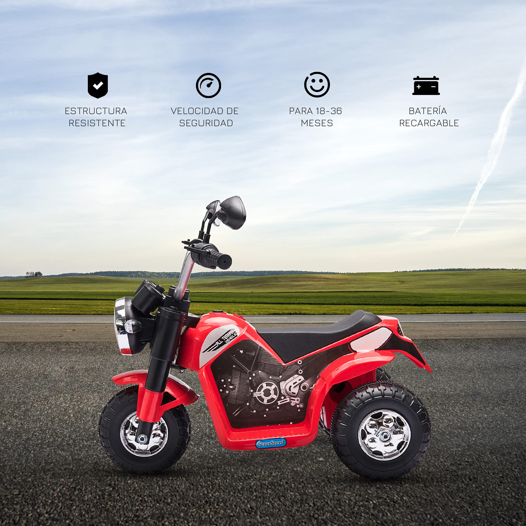 HOMCOM Moto Eléctrica Infantil con 3 Ruedas Triciclo 18-36 Meses Rojo | Triciclo a Batería 6V, con Faro, Bocina, 72x57x56 cm