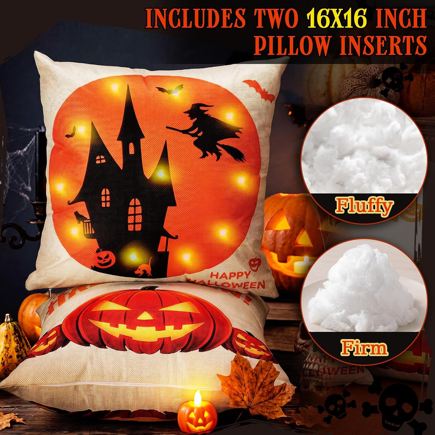 Lineshading 2 Set LED Halloween Decor Throw Pillow Double Sided 16" x 16" Soft Spooky Linen Lighted Throw Pillow Pumpkin Castle Witch Indoor Outdoor Home Sofa Couch Bed Halloween Party Supplies Decor