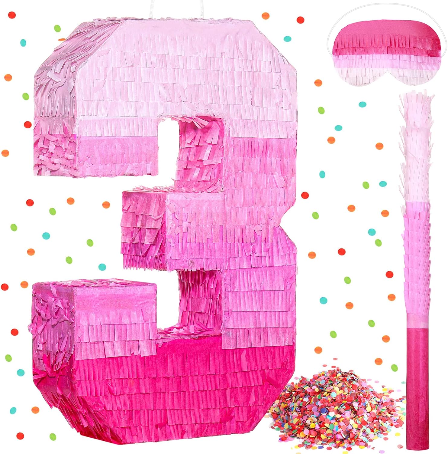 Sratte Number Piñata Pink Piñata Birthday Decorations Gradient with Stick Blindfold Confetti for Girls Boys Birthday Anniversary Party Decorations Supplies(Number 3)