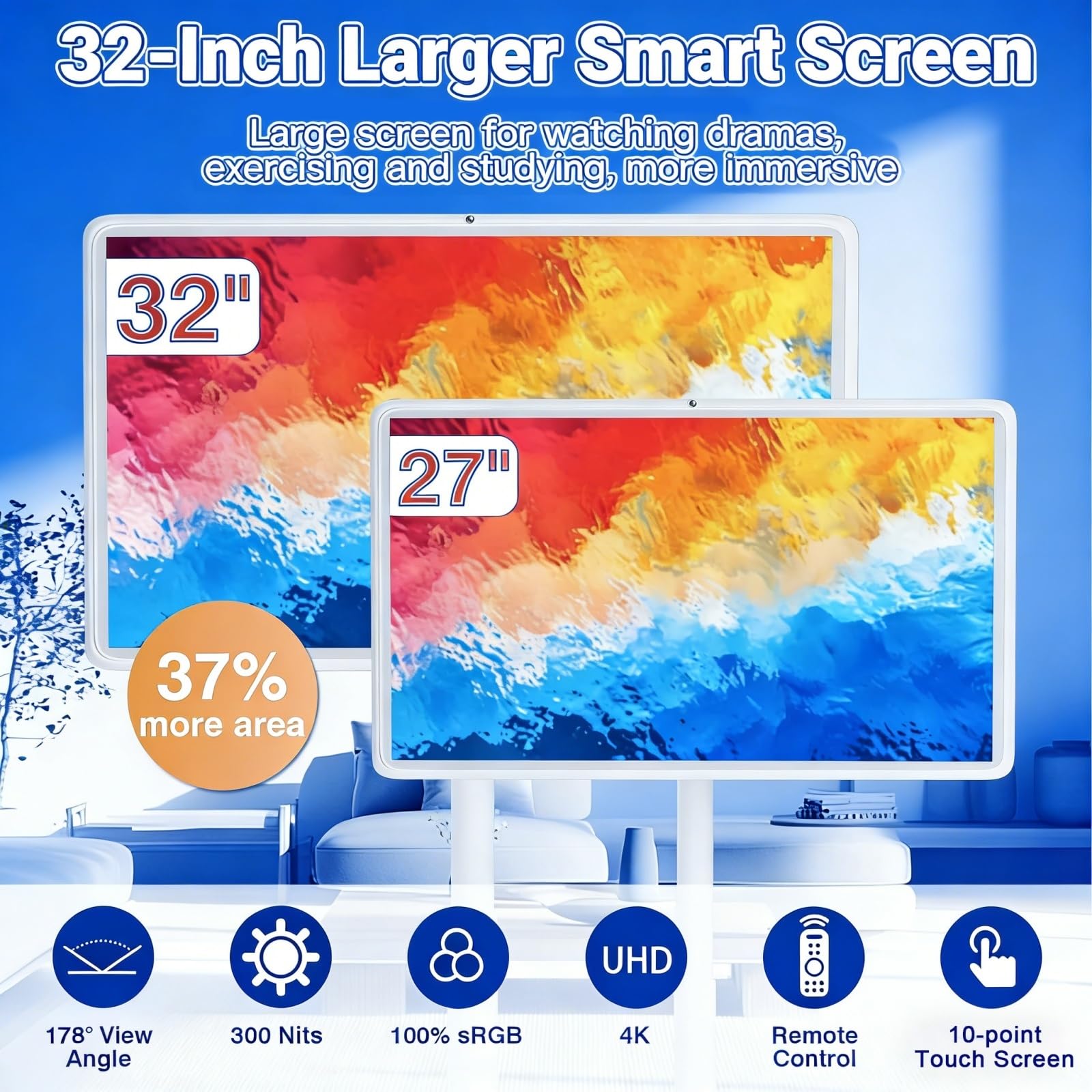 23.8" TV intelligente mobile wireless, Android 15 monitor touch portatile su ruote, display 1080P, 6GB RAM 128GB, fotocamera 13MP, batteria 8h, HDMI Type-C per smart home, ufficio