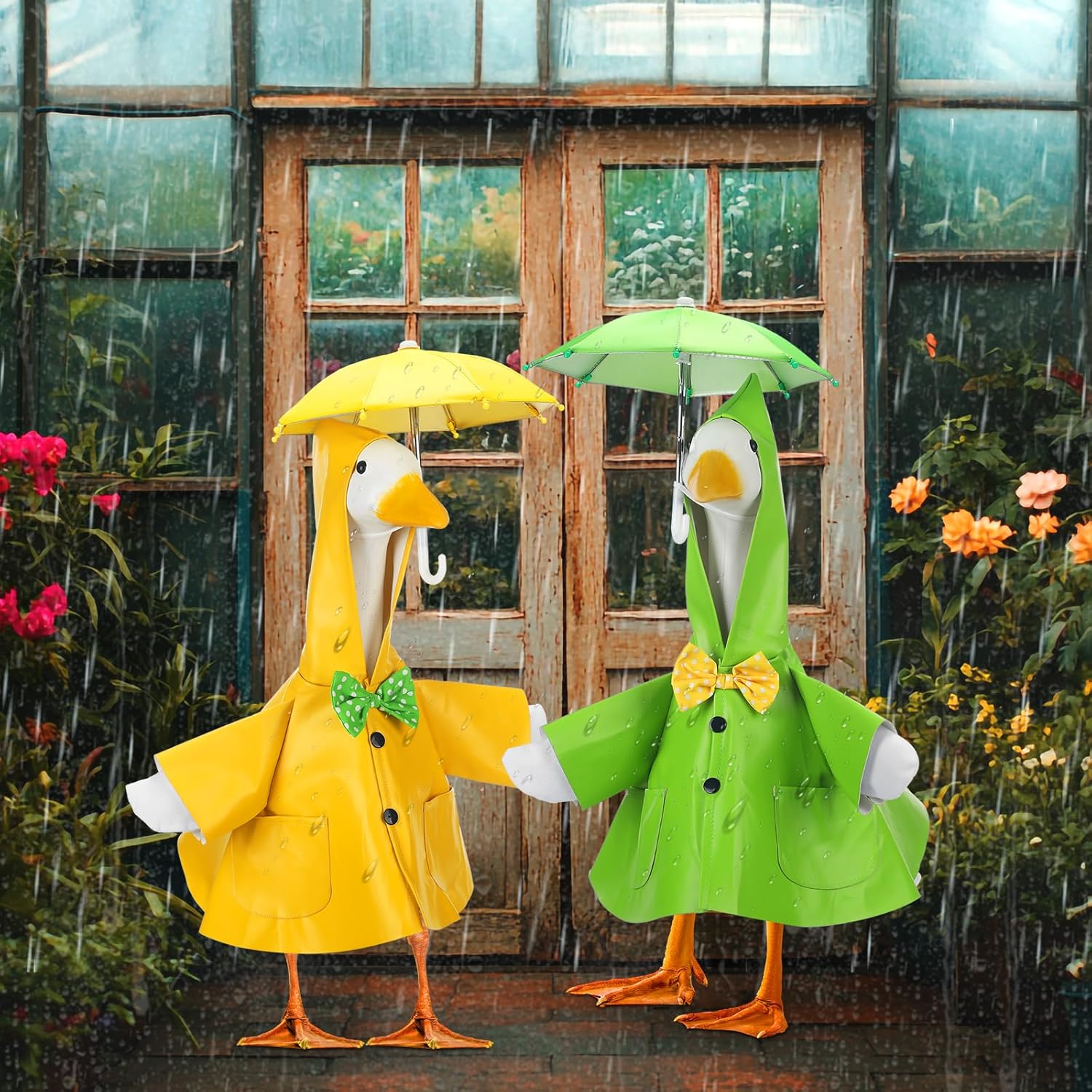 Abbylike 2 Sets Raincoat Porch Goose Outfits Summer Raincoat Yard Goose Duck Clothes Costume with Umbrella Hat Fits Large 23'' Cement for Spring Garden Patio Lawn Statue Pathway Art Decorations
